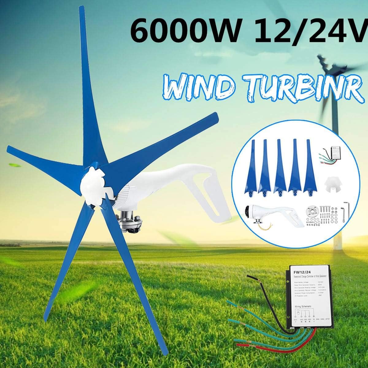 6000W AC Permanent Wind Turbines Generator 5-Nylon Blades 12/24V Household Power Generator W/Controller for Solar Streetlight,24v