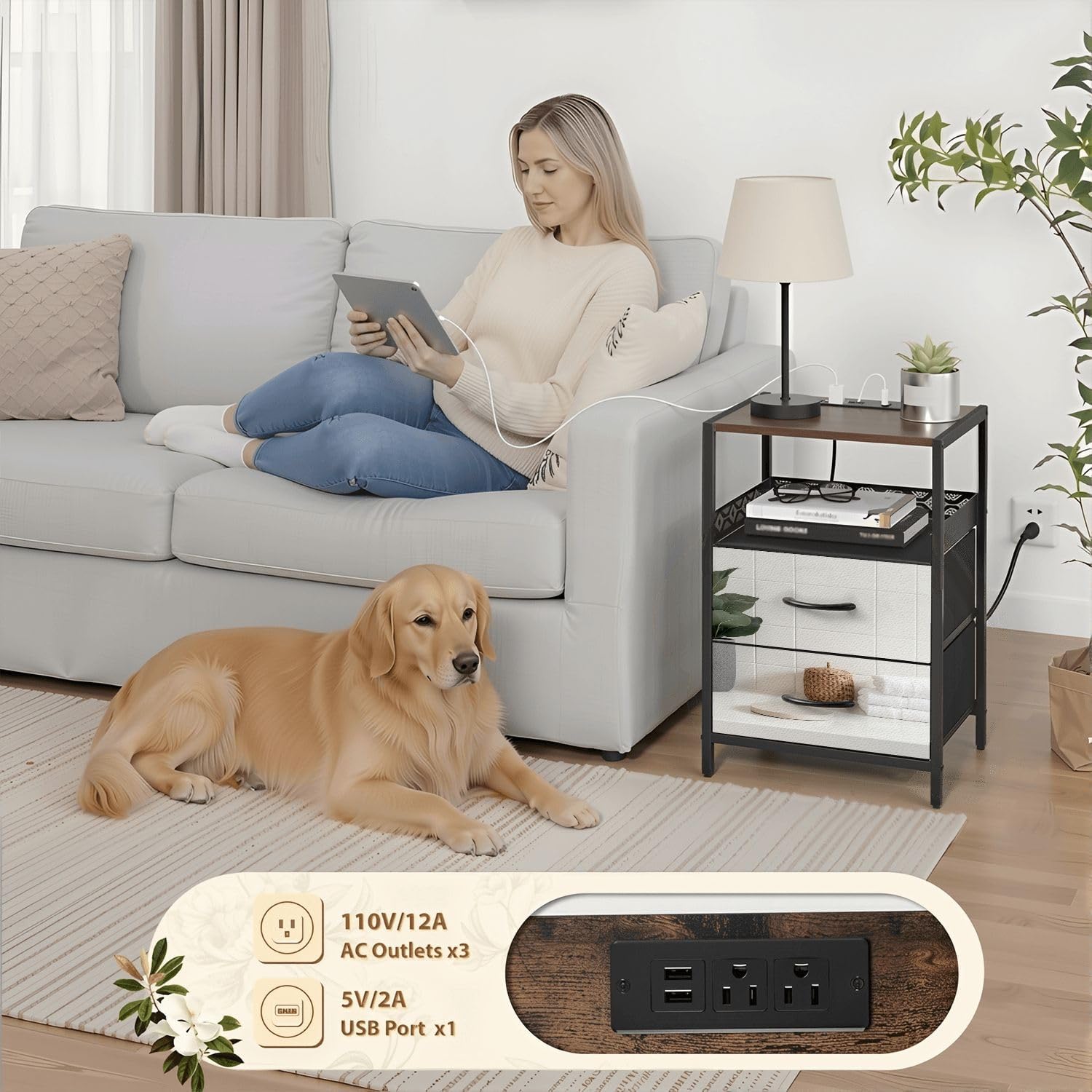 Night Stand with Charging Station Bedside Table with 2 Fabric Drawers Marble White Round for Bathing Products Bathroom spa Shampoo Bedroom Nightstand with USB Ports & Outlets Open Shelf Black