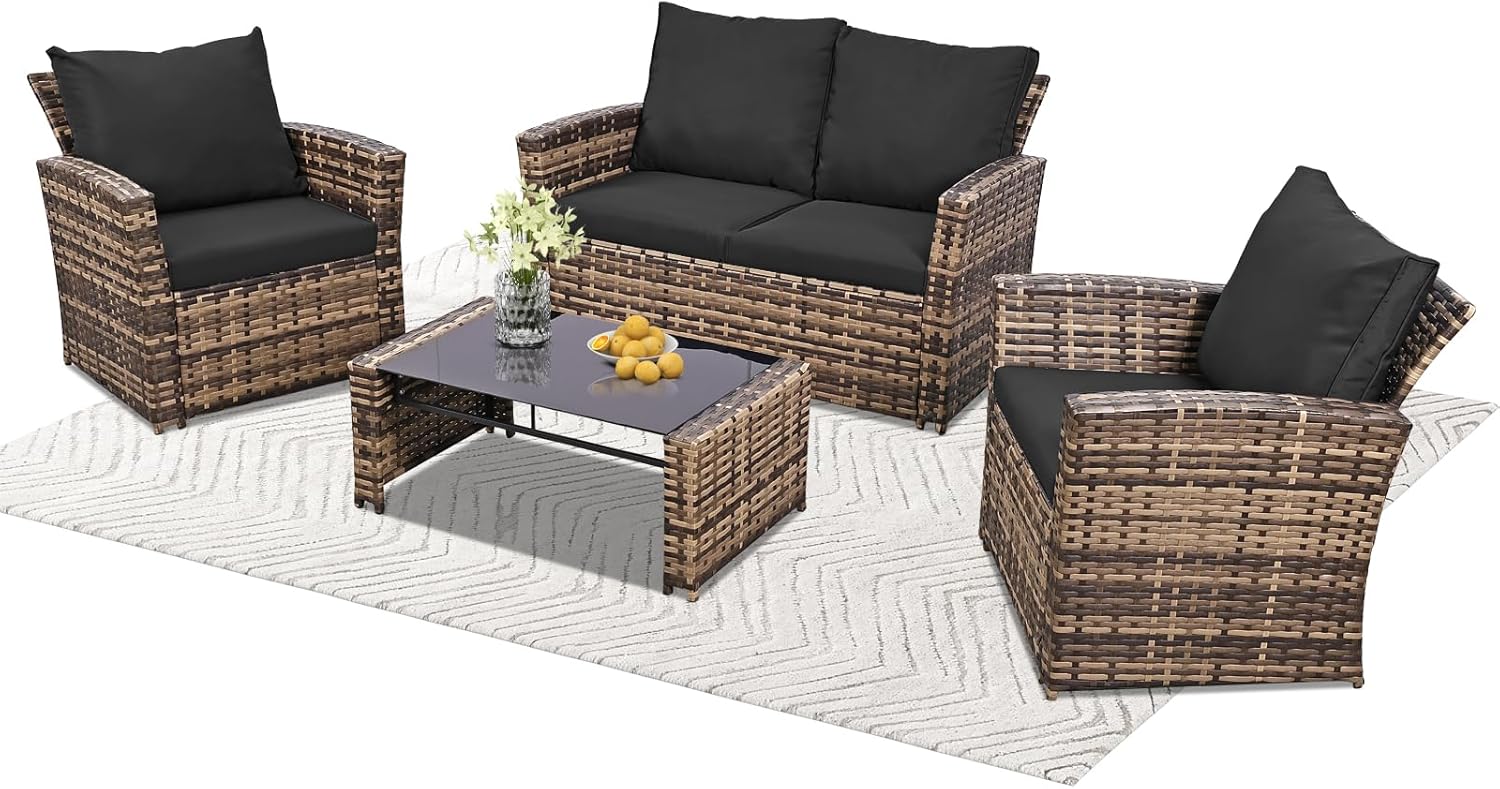 FHFO 4 Piece Outdoor Patio Furniture Set,Wicker Conversation Sets Outdoor Sectional Patio Sofa Couch with Cushions & Coffee Table for Outside, Garden, Balcony, Porch,Yellow/Black