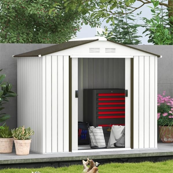 Steel Garden Storage Shed 7x4 ft – Weather-Resistant Outdoor Tool Storage House with Double Sliding Doors, Sloped Roof, Vents, and Foundation Kit (White)
