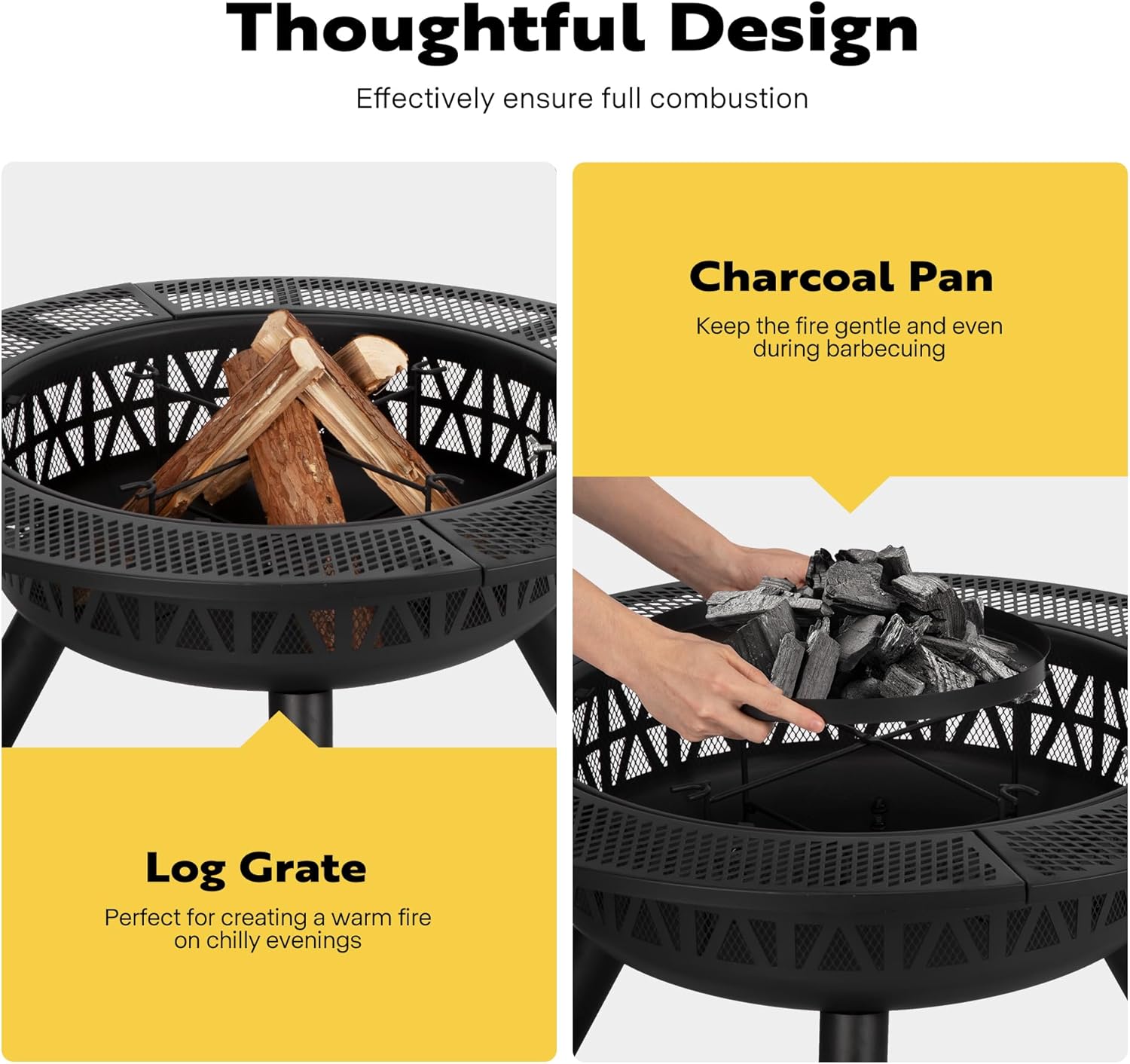 VIVOHOME 35 Inch Fire Pit with Cooking Grill Grate & Charcoal Pan, 3-in-1 Wood Burning Firepits with Cover Lid, Metal Table for Backyard Bonfire BBQ Outdoor Camping Picnic