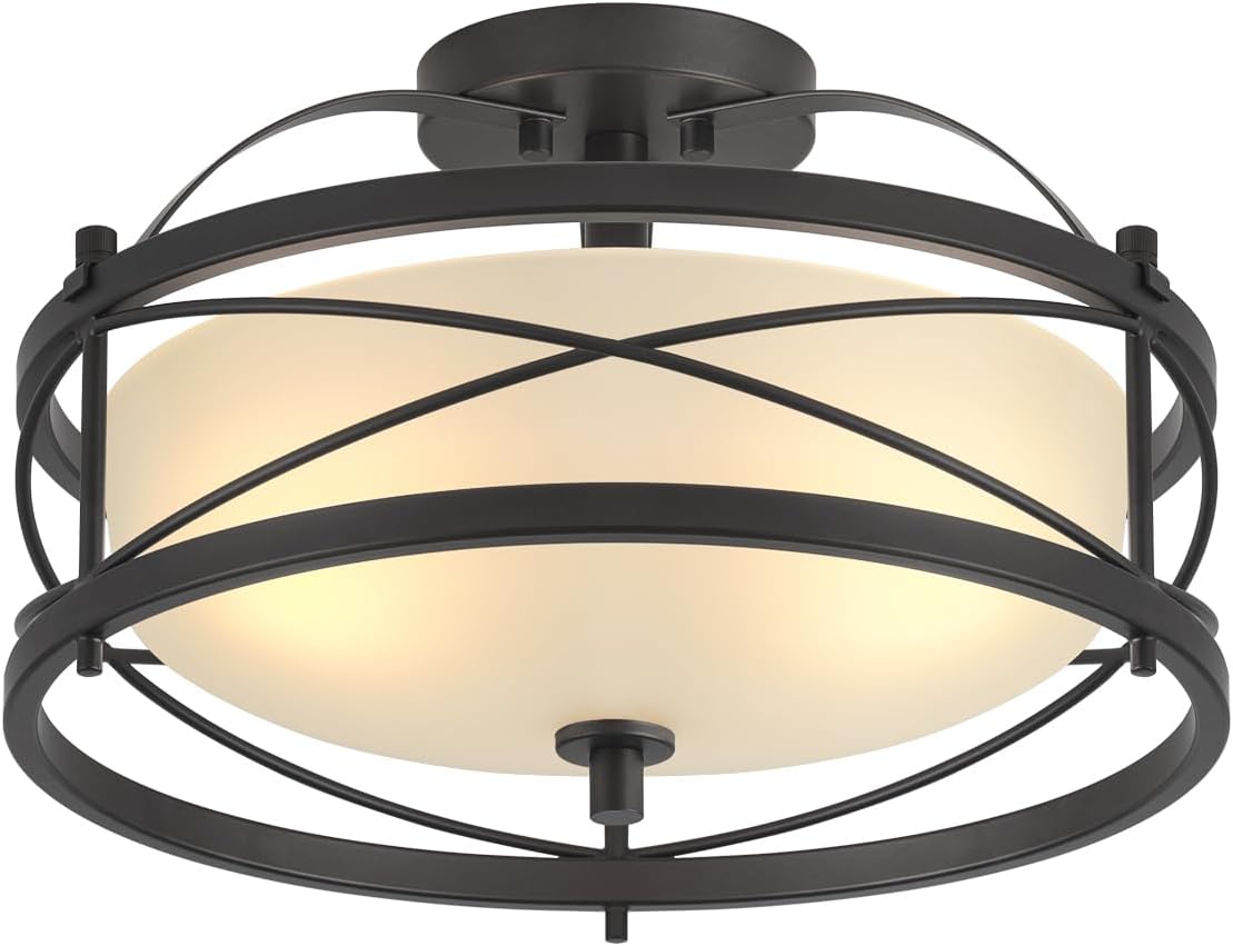 Entryway Drum Light Fixtures, Semi-Flush Mount Rustic Ceiling Light for Hallway Living Room Bedroom Kitchen (Black)