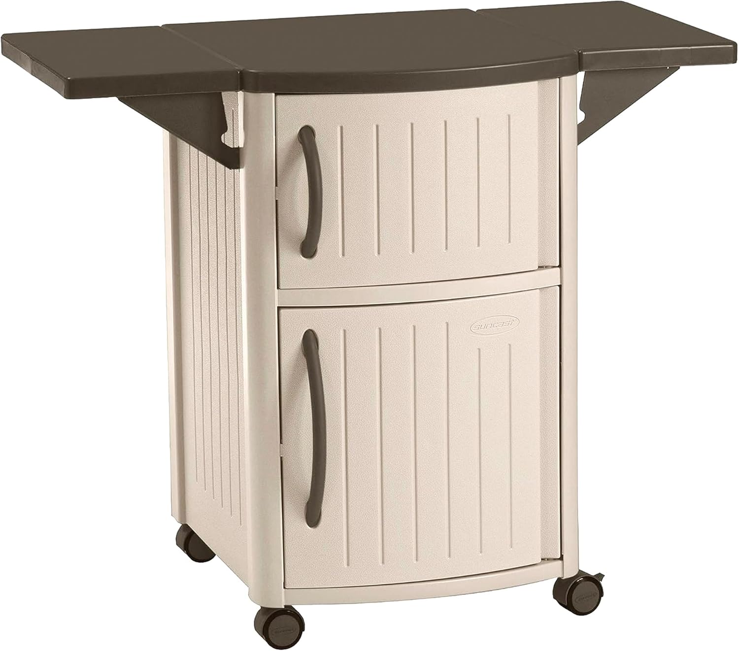 Suncast Serving Station Patio Cabinet, Portable Grill Prep Table, Light Taupe & Mocha - Includes Side Shelves, Storage Cabinets, Server Tray and Wheels for Outdoor BBQ Grilling and Backyard Dining