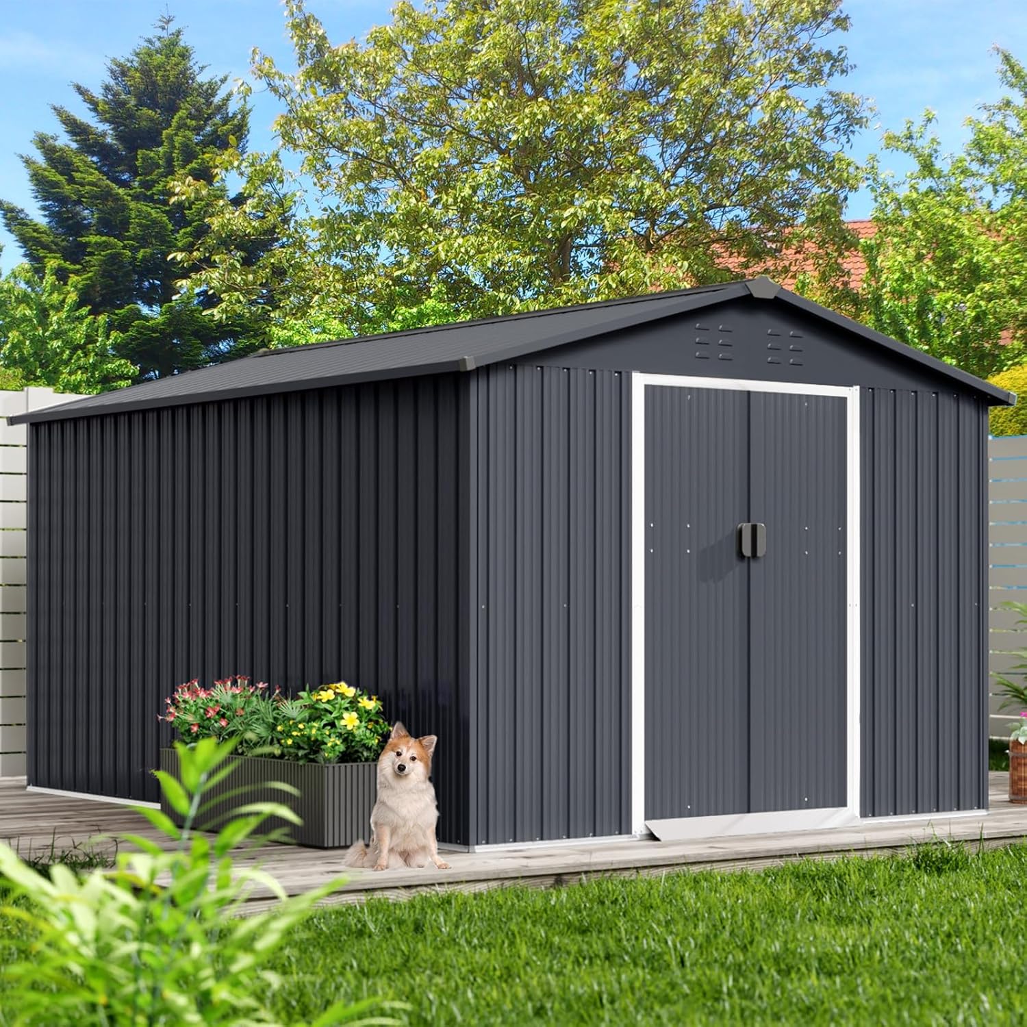 GarveeLife 8x15 ft Outdoor Storage Shed, Steel Utility Tool Shed with Sloped Roof & Lockable Door, Backyard Garden Patio Lawn Outdoor Shed for Organising Tools and Equipment in Yard, Garden, Grey