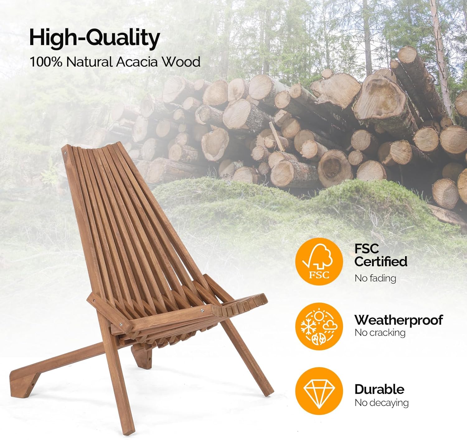 VINGLI FSC Acacia Wood Folding Outdoor Chairs Set of 4,Weather-Resistant Wooden Folding Chairs Patio Chair Furniture Comfy Adirondack Chairs Lounge Chair for Deck Fire Pit Porch Camping,Up to 350LBS