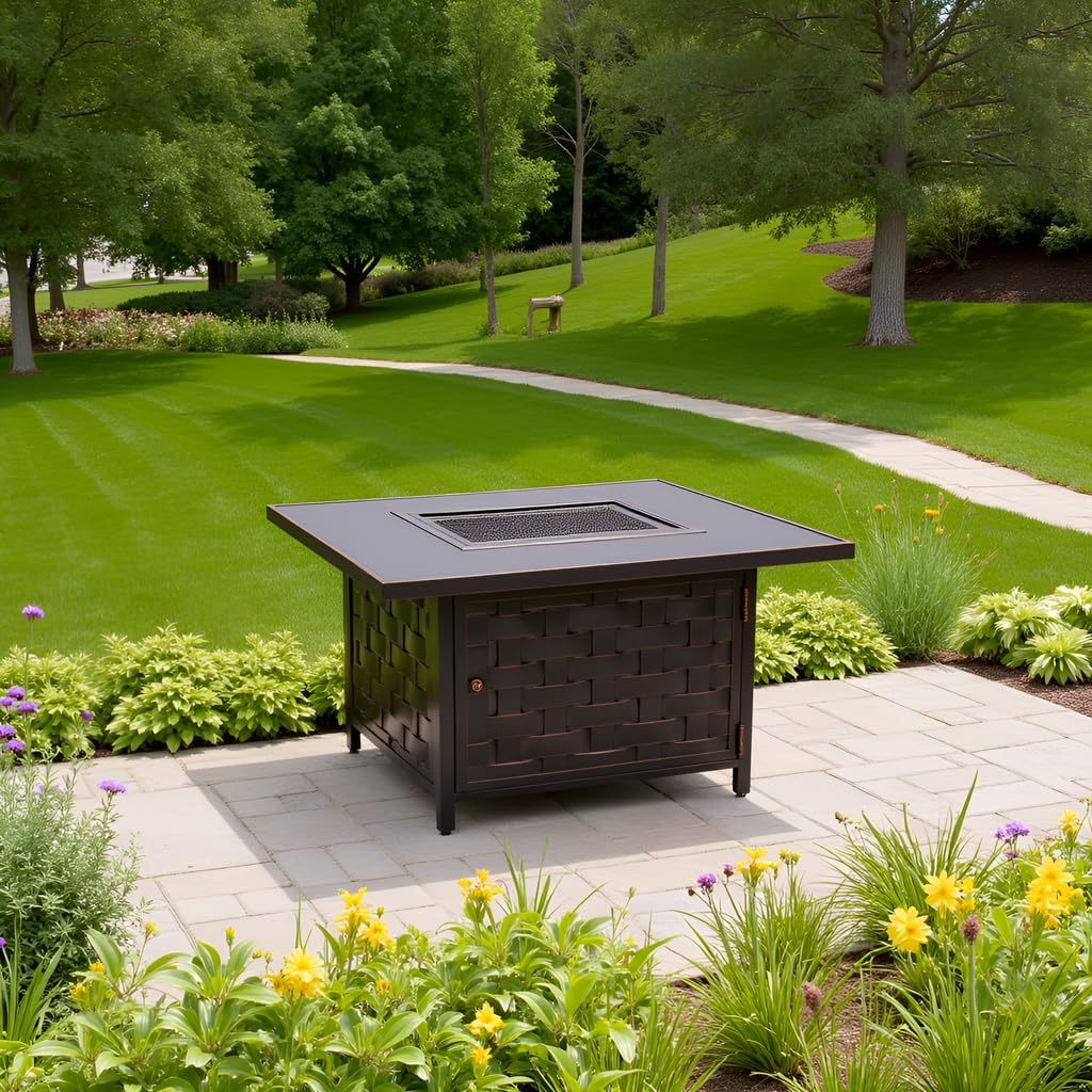 Square LPG/NG Gas Fire Pit Table 55K BTU w/Burner Lid, Cover, Fire Glass #65125