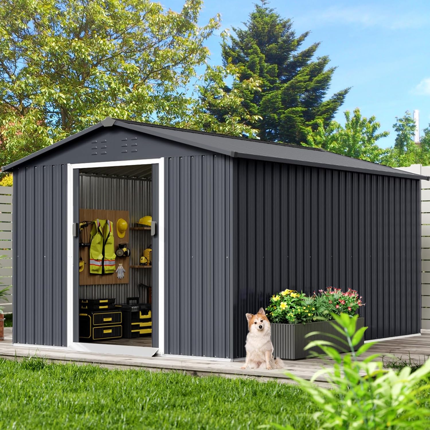 Acekool 8x15 FT Outdoor Metal Storage Shed, Large Garden Tool Shed with Lockable Door and Vents, Waterproof Galvanized Metal Sheds for Tools & Equipment, Garbage Can, Bike, Mower, Gray