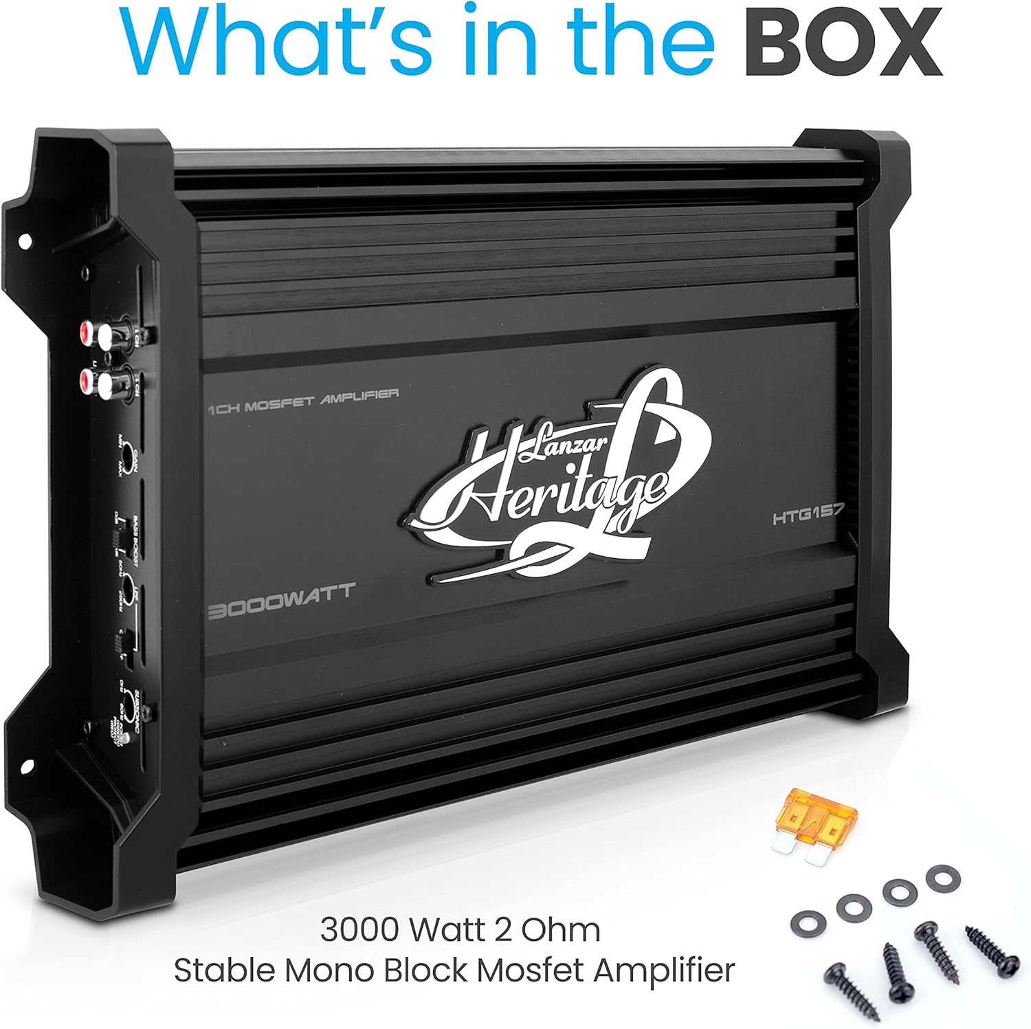 Lanzar 3000 Watt 2-Ohm Stable Monoblock Mosfet Amplifier, High-Power Car Audio Amp with Electronic Crossover Network, Bass Boost Circuit, Low Pass Filter Controls, and Nickel RCA Inputs, 13