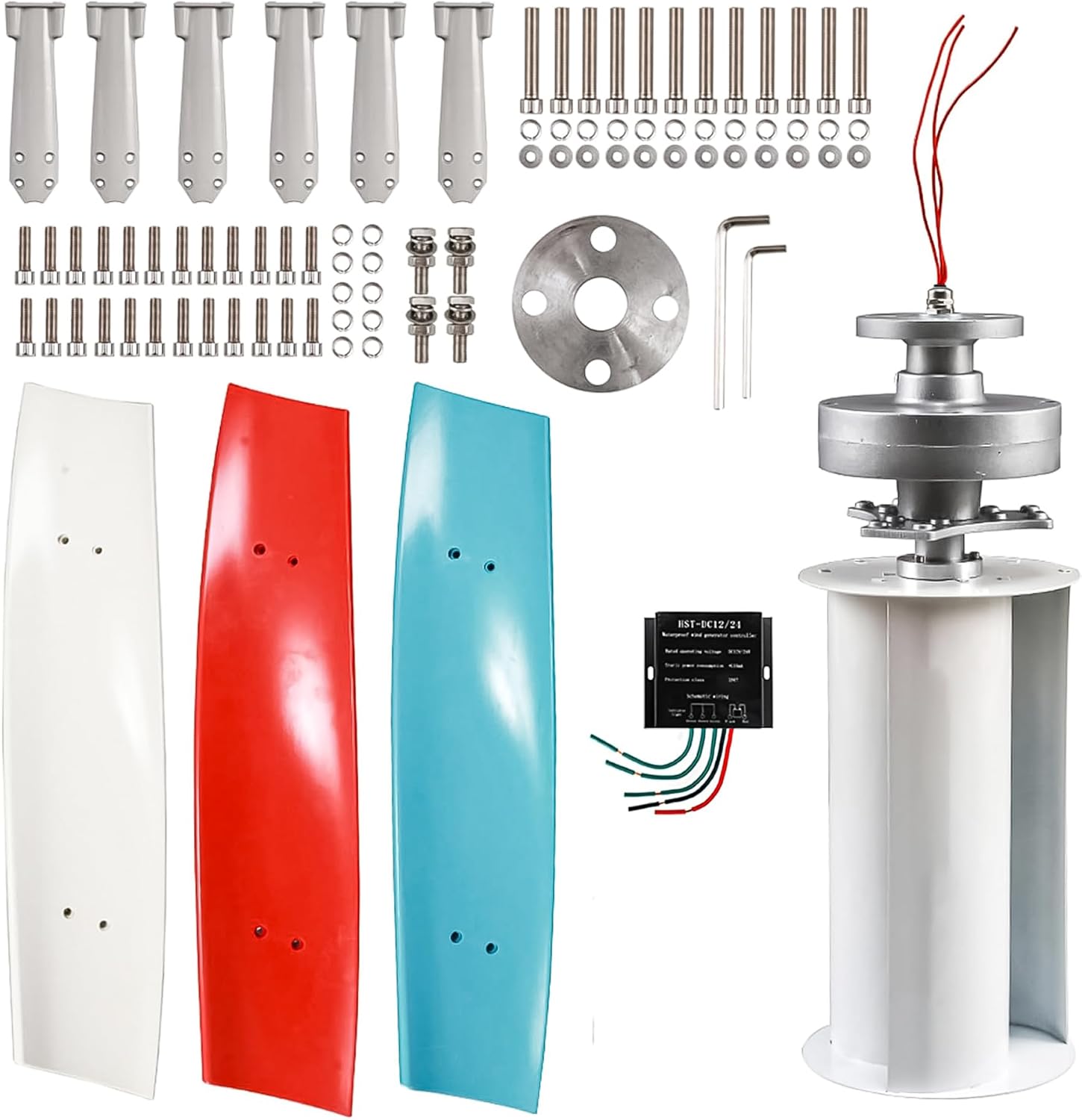 2000W 48V 24V 12V Vertical Axis Wind Turbine Generator, Low Wind Speed Startup & Quiet Operation, for Off-Grid Home, Farm, Boat, Marine, Street Lighting with Charge Controller & Flange 24v