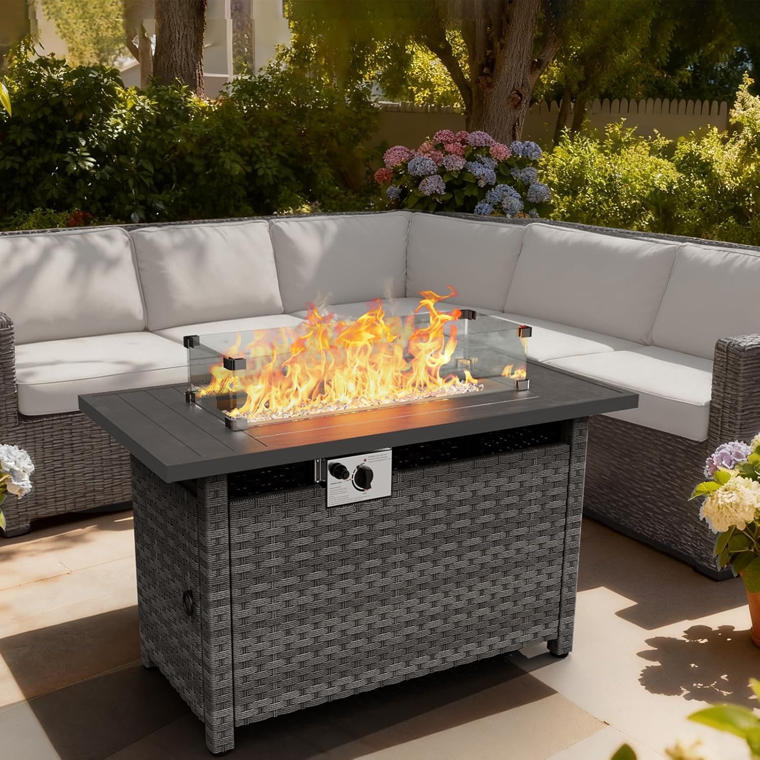 44” Propane Fire Pit Table, CSA Certified 60000BTU Auto-Ignition Patio Fire Tables with Waterproof Cover & Wind Guard, Rectangular Large Wicker Outdoor Firepit Table for Porch,Deck,Backyard,Grey