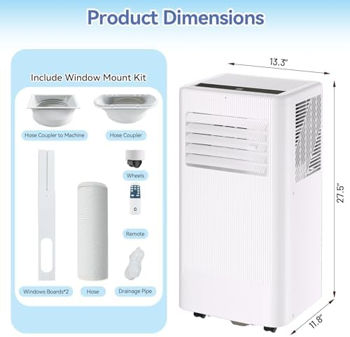 10000 BTU Portable Air Conditioner, Cools Up to 560 Sq. Ft., Portable AC Unit with Cooling, Dehumidifier and Fan Functions, Remote Control, LED Display, and Window Venting Kit Included