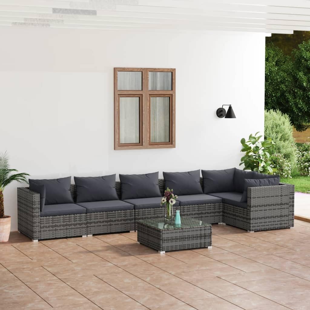 Patio Set 7 Piece Patio Lounge Set with Cushions Poly Rattan Gray