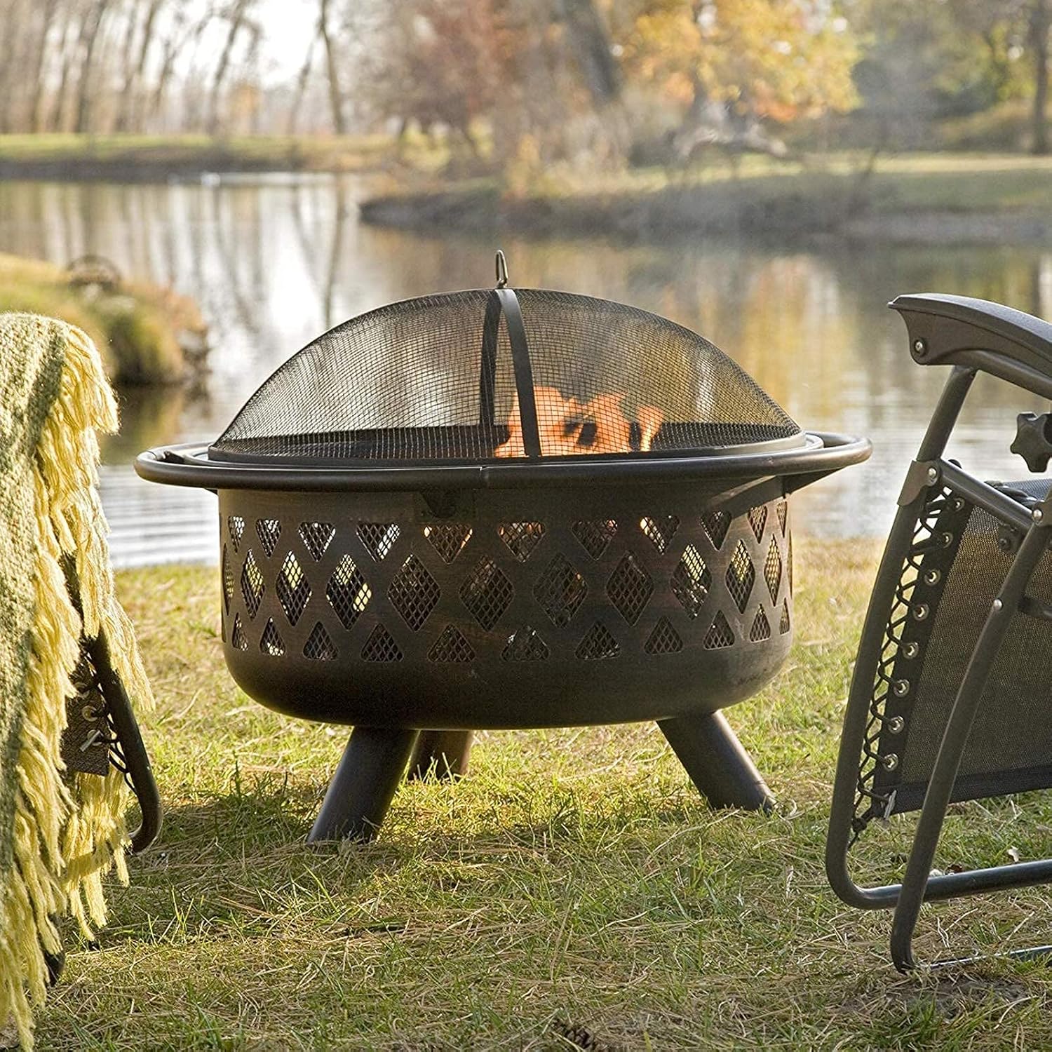 Fire Pit Outdoor Large Bonfire Wood Burning Firepit Bowl BBQ Charcoal Grill Picnic Stove with Spark Screen Cover, Log Grate, Poker, Brazier for Backyard Garden Camping Bonfire Patio