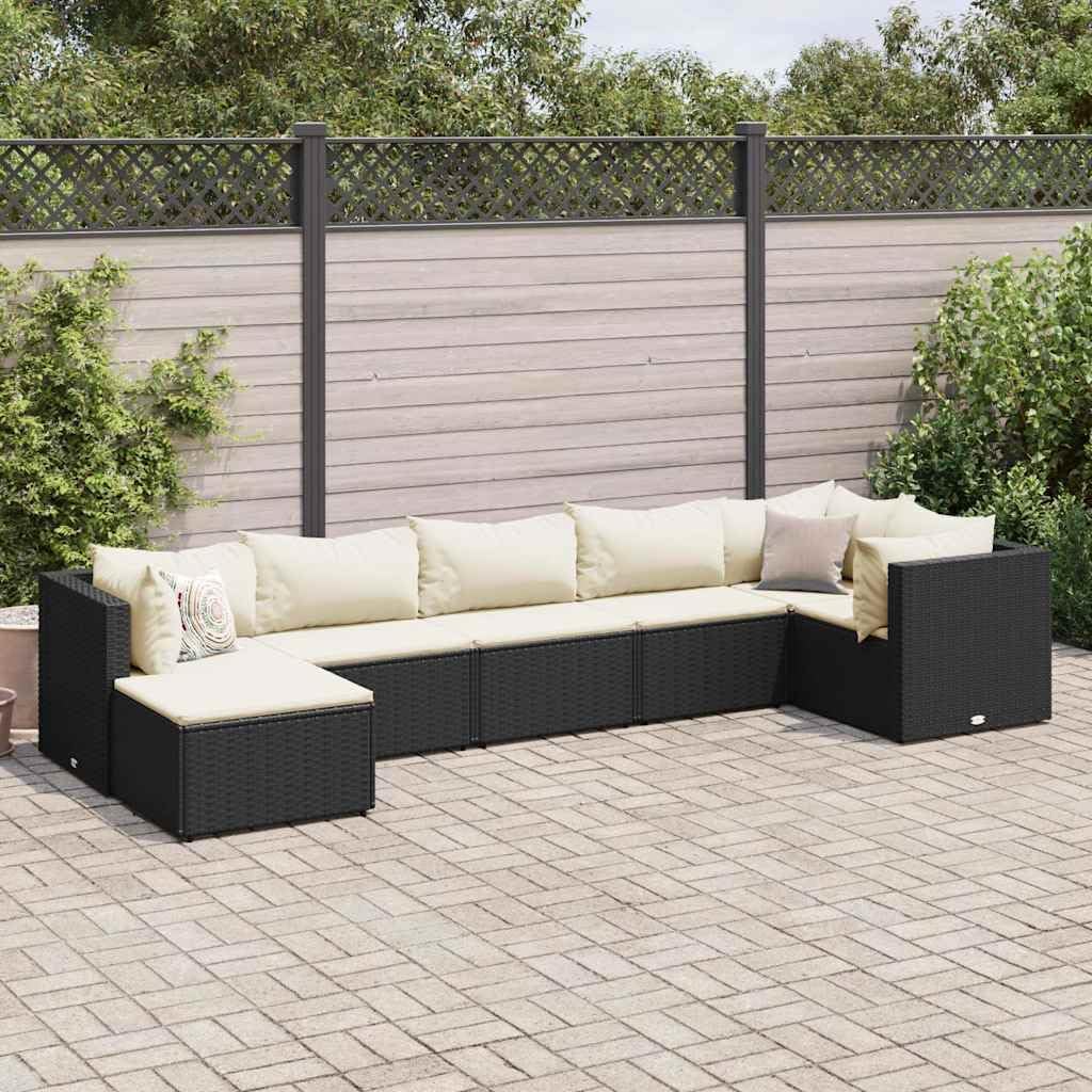 7 Piece Patio Lounge Set with Cushions Black Poly Rattan,Patio Furniture Set Comfortable Outdoor Lounge Set with Cushions in Black PE Rattan Outdoor Furniture Sets, Patio Furniture