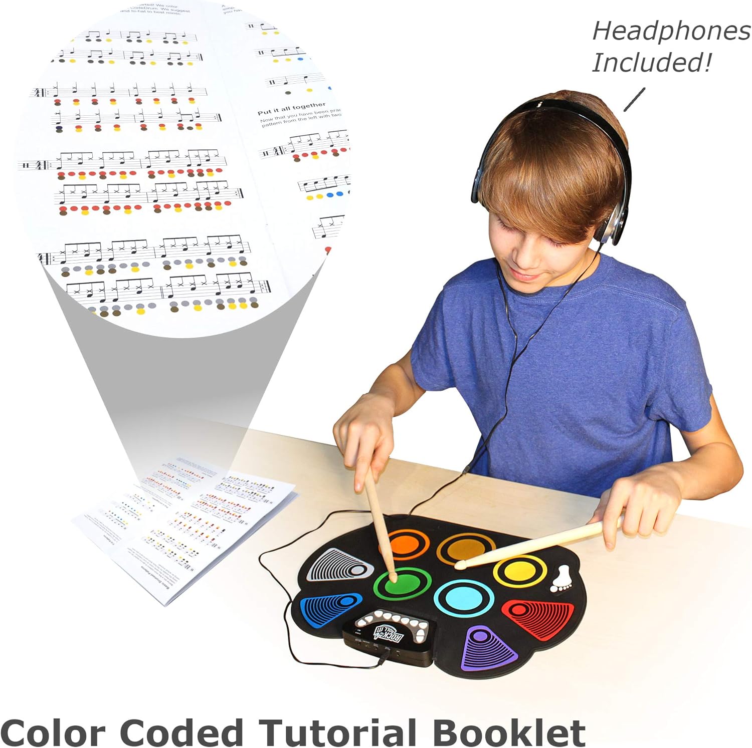 MUKIKIM Rock And Roll It - CodeDrum. Roll Up Portable Drum Set for Kids & Adults. Electronic Silicone Rainbow Drum Pad | Headphones | Pedals | Drum Sticks | Play-By-Color Rhythm Booklet Included