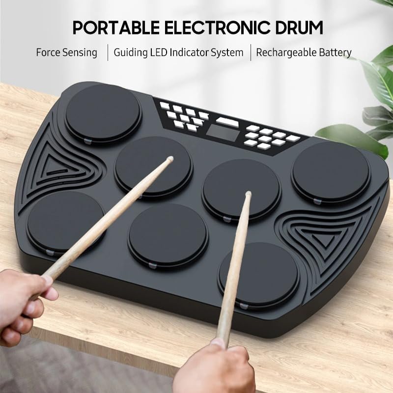Portable Rechargeable Tabletop Electronic Drum Set – Compact Stereo-Speaker Drum Kit for Beginners, Practice & Travel, Adjustable Pads & USB/Bluetooth Connectivity (US Plug)