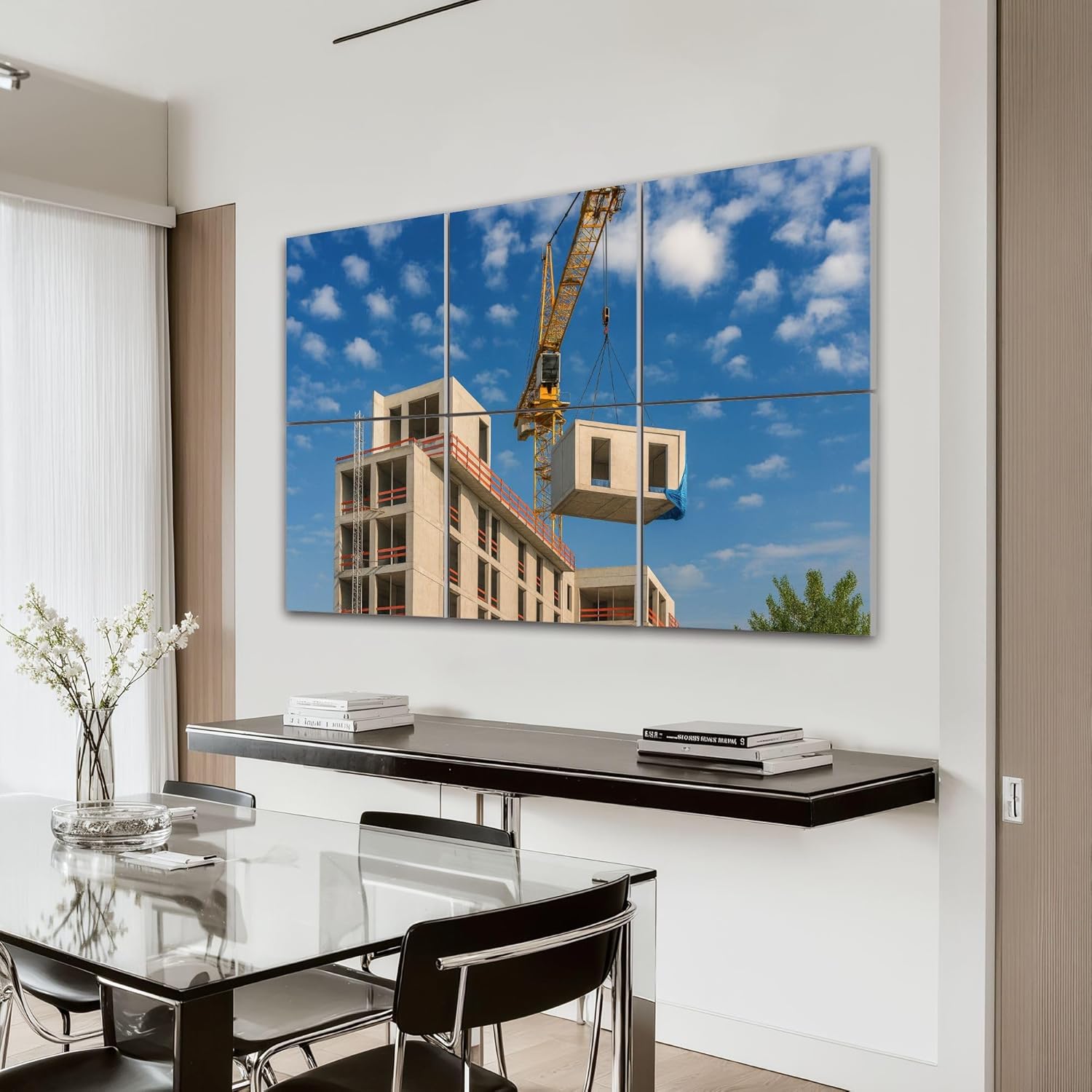 6 Pack Art Acoustic Panels Self Adhesive Crane lifting prefabricated wooden building module to its position Decorative Soundproof Wall Panels Sound Absorbing Panel 48