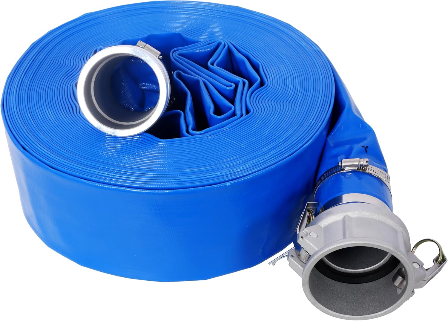 3'x1'00ft Heavy Duty Pool Backwash Hose – Reinforced Blue Pvc Lay Flat Discharge Pump Hose For Swimming Pools, Drain & Clean, With Aluminum Camlock C & E Fittings