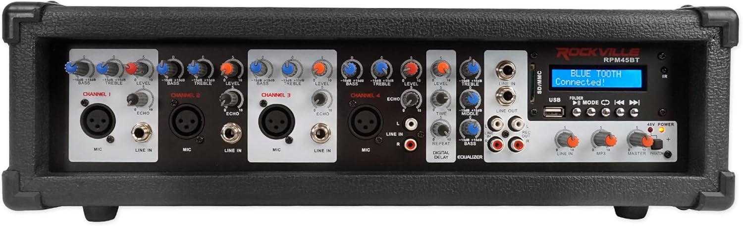 Rockville RPM45BT 1800W Powered 4 Channel Mixer/Amplifier, Bluetooth Streaming, USB Input, EQ, Reverb & Delay Effects, Phantom Power, for Live Sound and Small Events