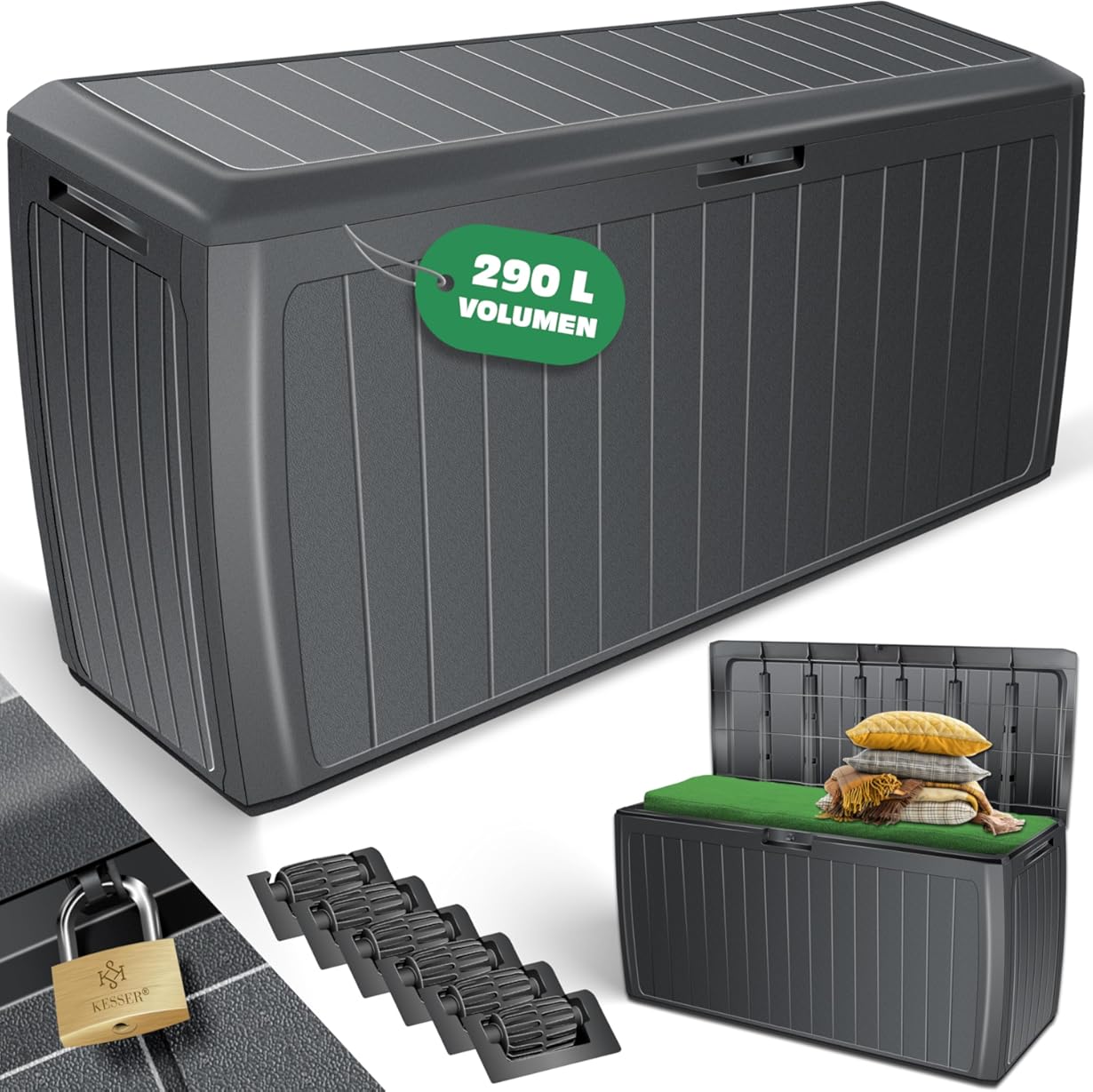 KESSER® Storage Box 290 Litres with Wheels Handles 100 kg Load Capacity Smart Click System Chest Garden Box Cushion Box Anthracite