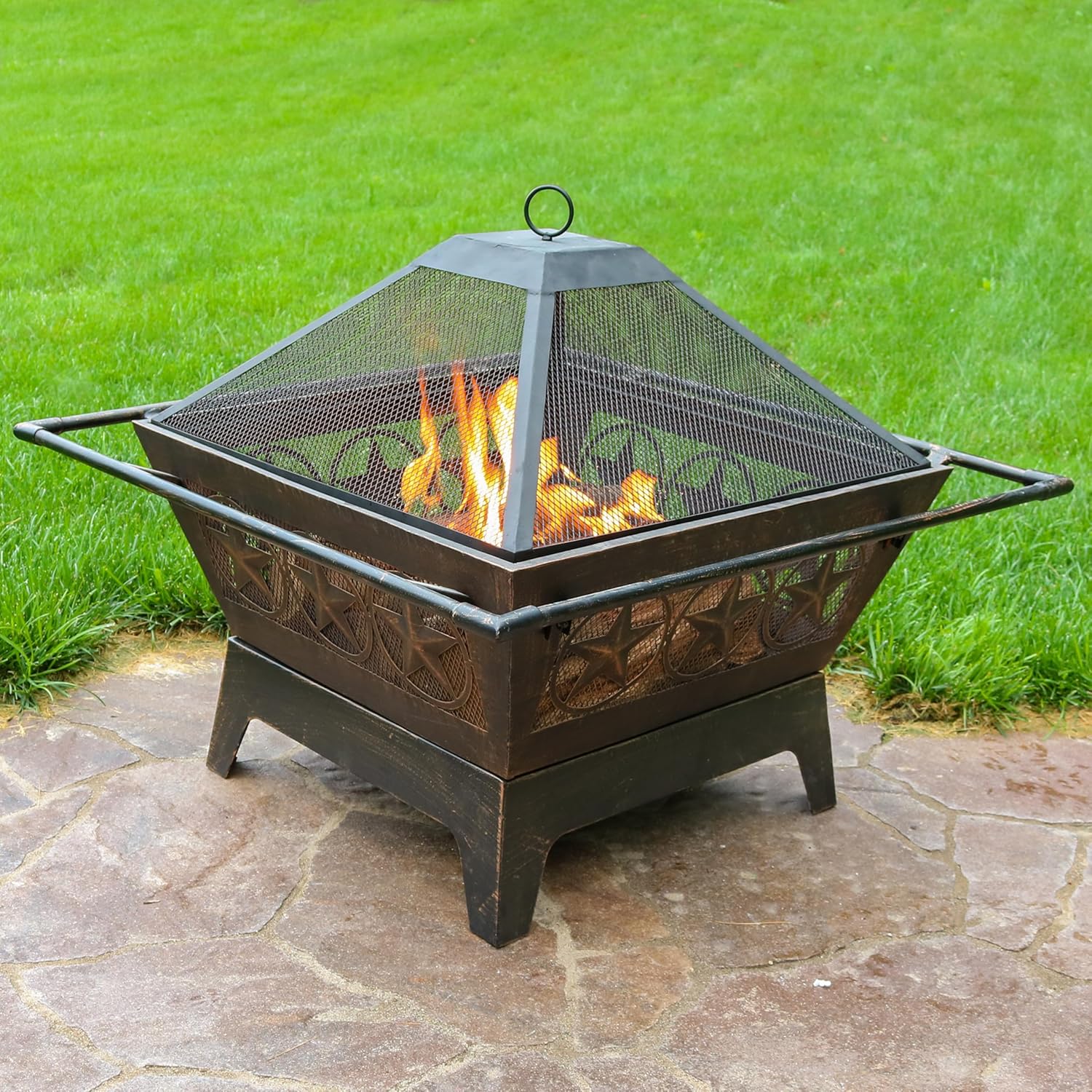 Sunnydaze Northern Galaxy 32-Inch Outdoor Fire Pit with Grill Grate, Spark Screen, and Poker - Heavy-Duty Wood-Burning Fire Pit for Outside