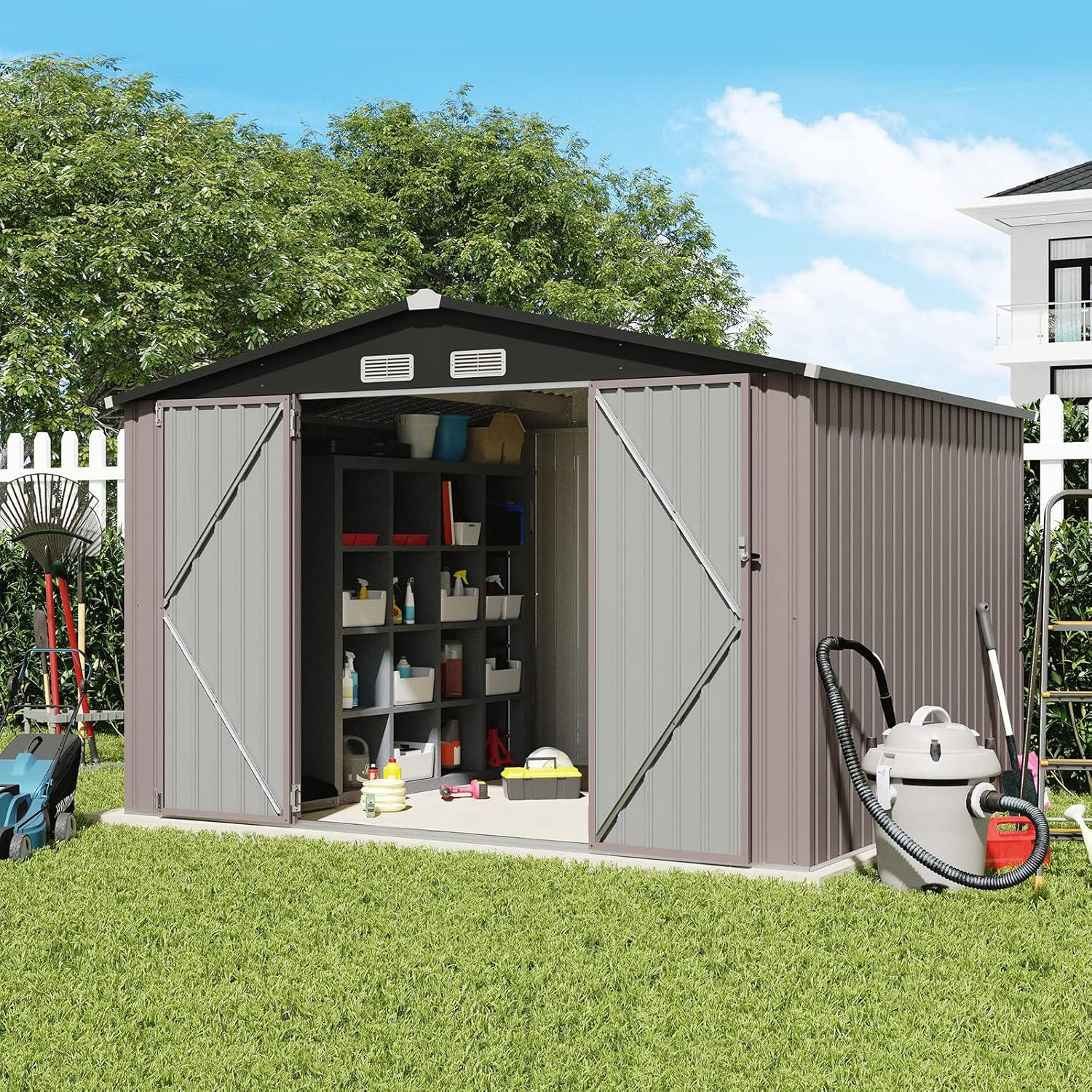 Verano Garden 8’x10’ Outdoor Storage Shed, Large Galvanized Steel Metal Garden Shed, Double Door W/Lock, Outdoor Storage House for Backyard, Patio, Lawn(113.78