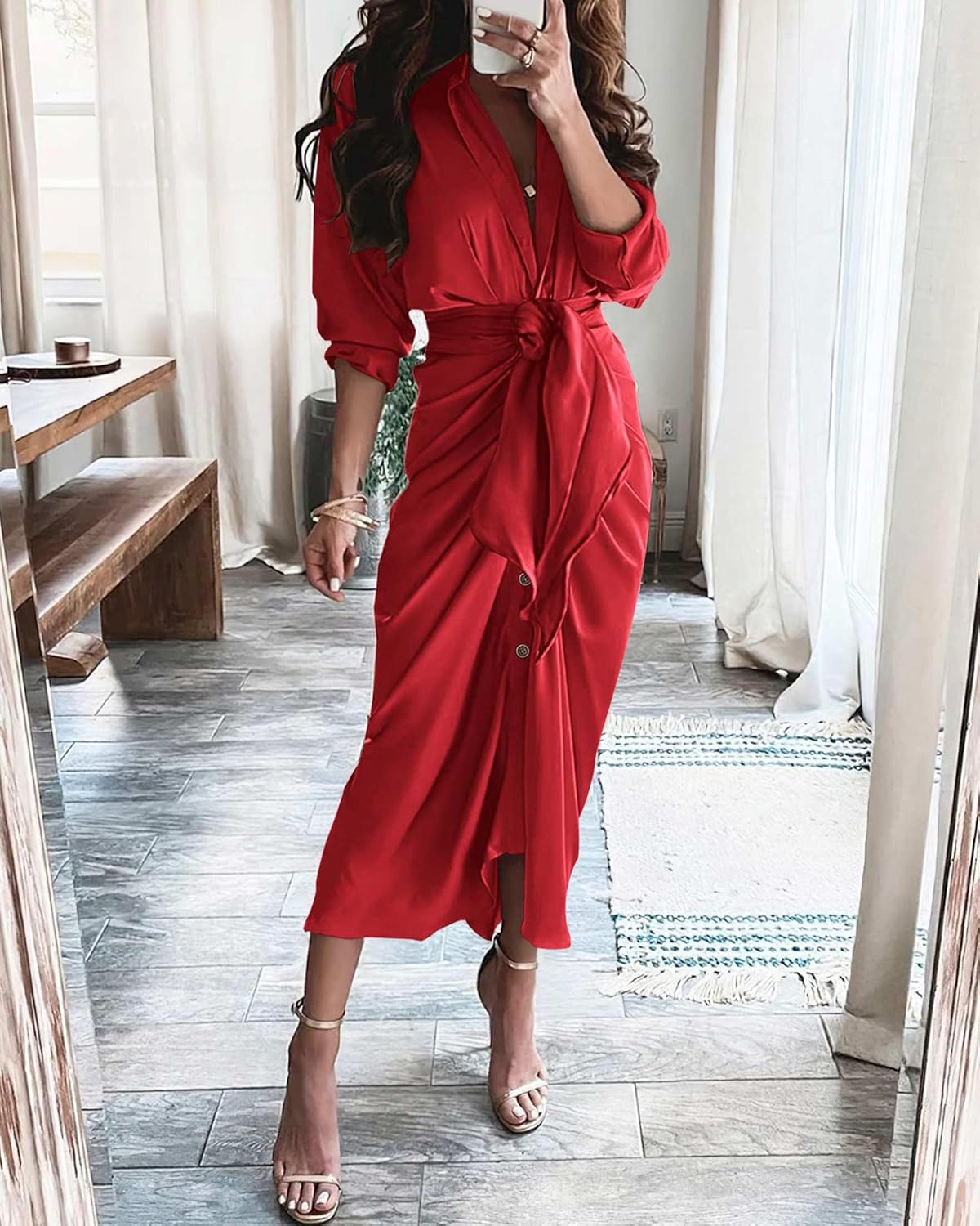 BTFBM Summer Dresses for Women 2026 Long Sleeve Lapel V Neck Button Down Elegant Belted Ruched Satin Shirt Spring Dress