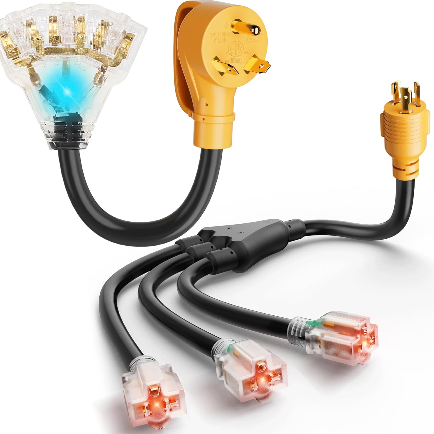 30 Amp to 20 Amp 110V RV Distribution Adapter NEMA TT-30P Male to 3X 5-15R/5-20R, Shore Power NEMA L5-30P to 3X 5-15R/5-20R RV Generator Adapter Marine 30 Amp to 110 15 Amp Household Regular Connector