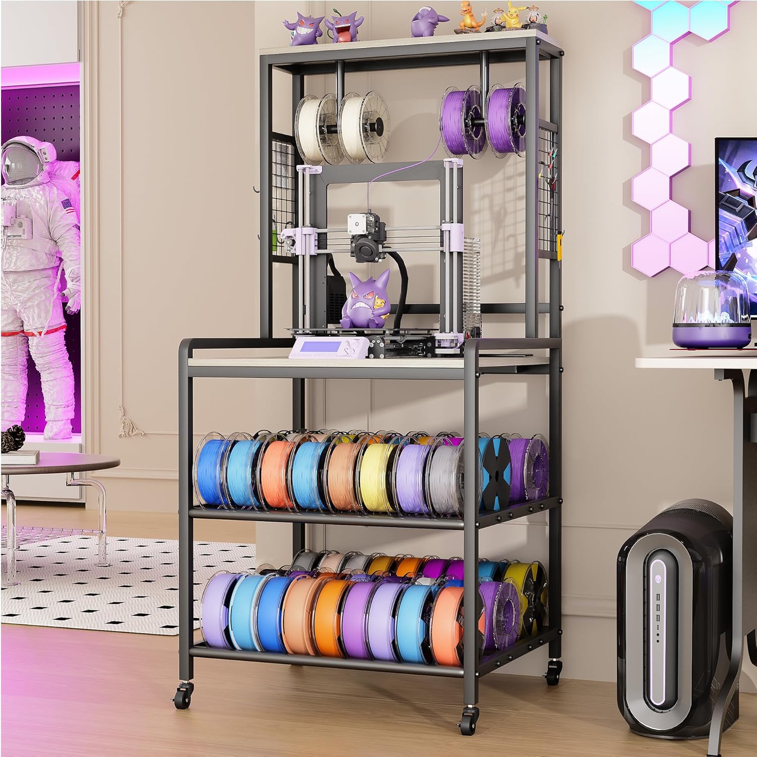 3D Printer Stand with Filament Storage, Heavy Duty 3D Printer Table with Charging Station, Rolling Printer Cart Filament Storage Rack for PLA, ABS, PETG for Workshop/Office/Garage (Gray)