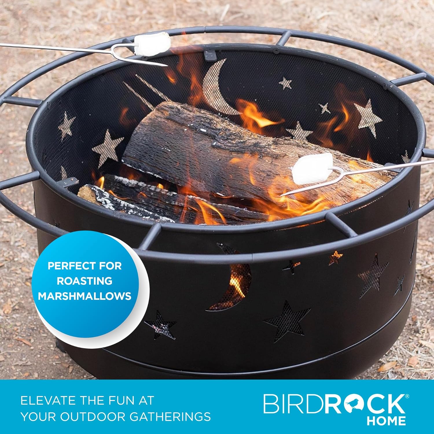 BIRDROCK HOME 30″ Round Wood-Burning Fire Pit – Portable Outdoor Patio & Garden Fire Bowl with Stars & Moon Cut-Outs, Spark Screen, Built-in Grate, 4 Roasting Sticks & Fire Poker - Black