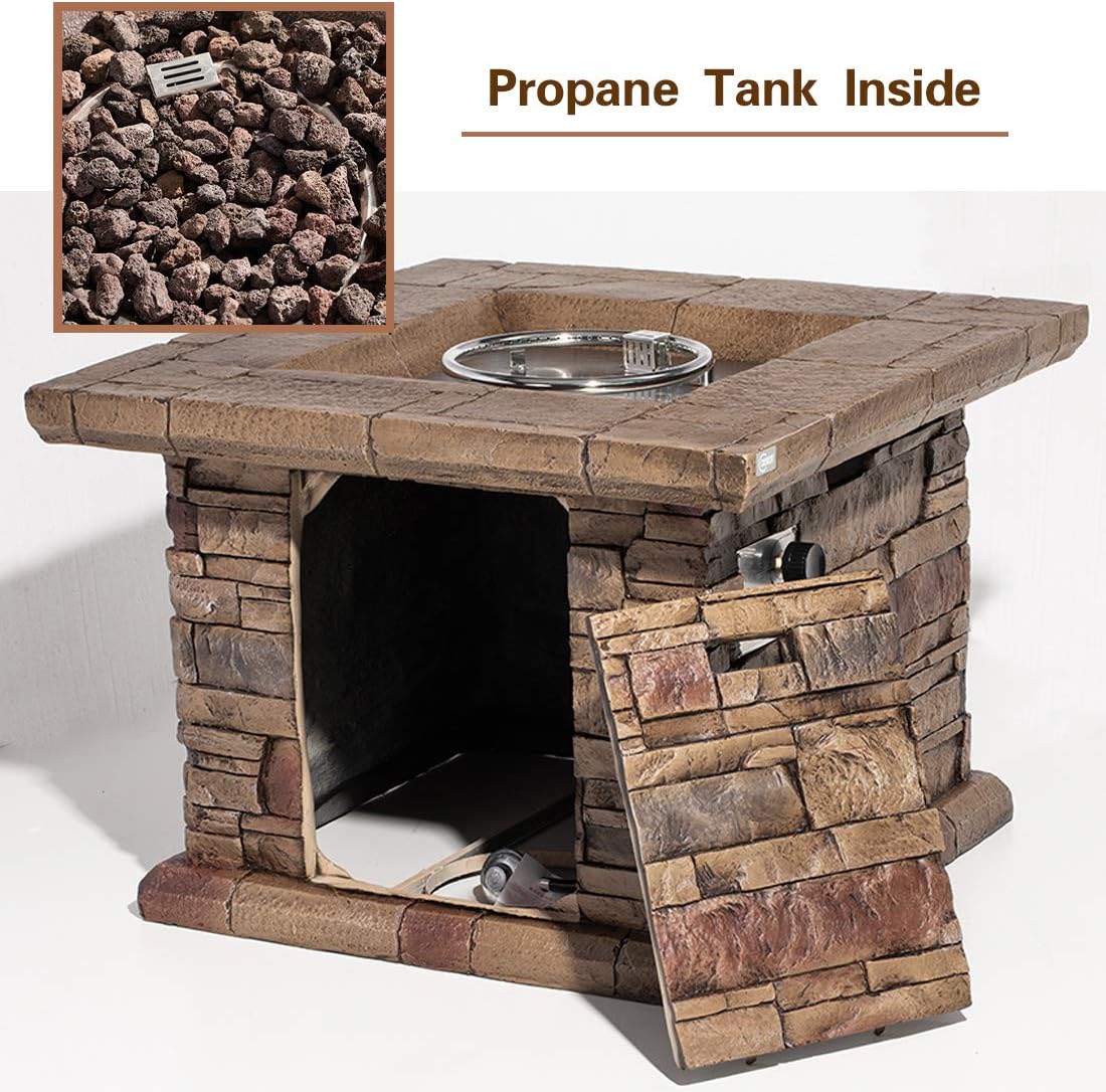 AQUILLA Outdoor Fire Pit w Stone Imitation Surface, 32 inch Square Table, 50,000 BTU Stainless Steel Burner, Free Lava Rocks, 20 Gal Propane Tank Could Set Inside (exclude) for Backyard