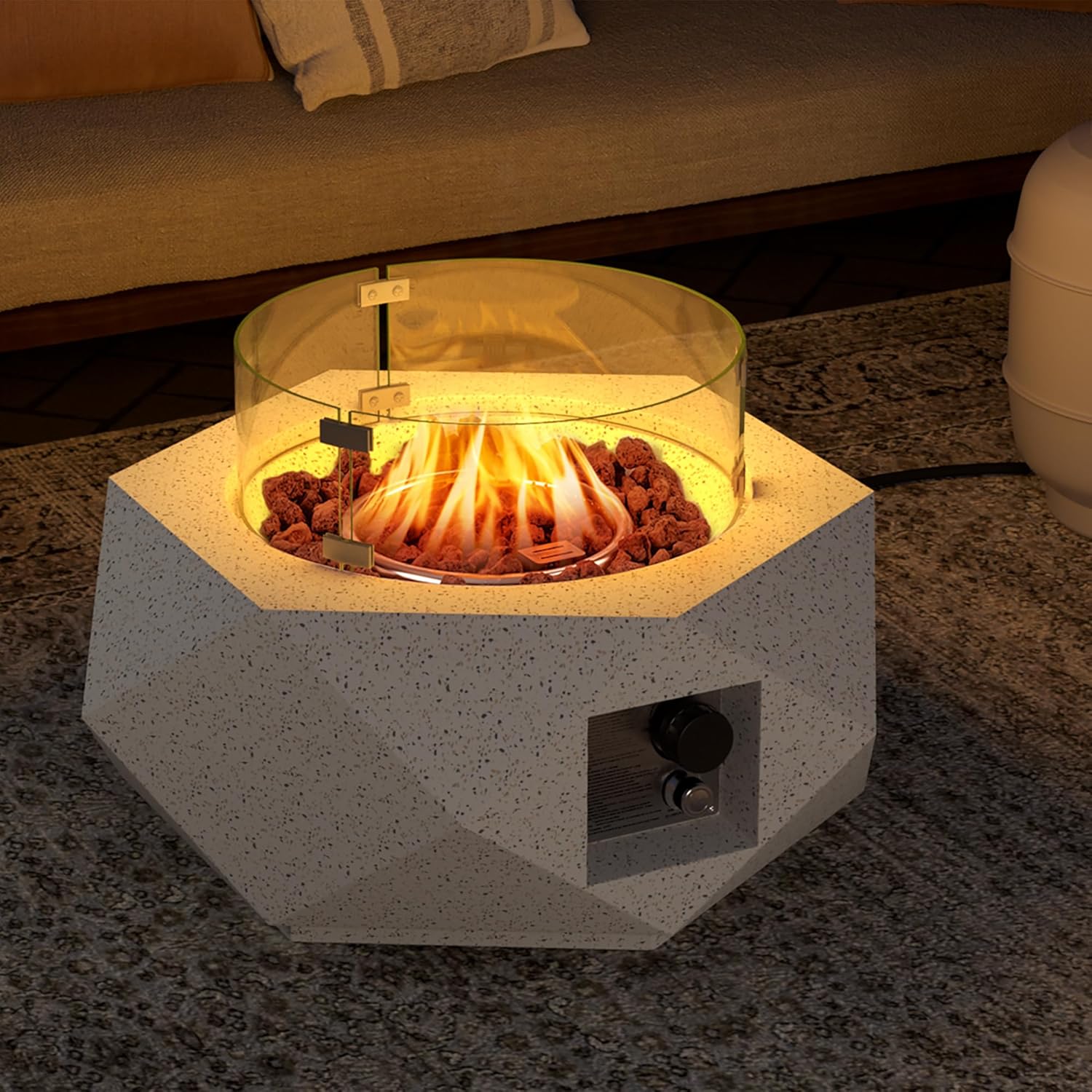 SUNBURY Outdoor Propane Fire Pit Table, 28 Inch Patio Gas Fire Table 50,000 BTU Small Fire Pit for Outside in Spotted White w Glass Wind Guard, Lava Rocks