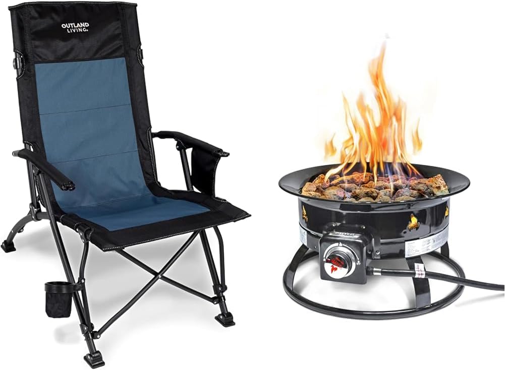 Outland Living Bella Coola Camp Chair with Built-in Storage Firebowl 893 Deluxe Outdoor Portable Propane Gas Fire Pit with Cover & Carry Kit, 19-Inch Diameter 58,000 BTU, Black