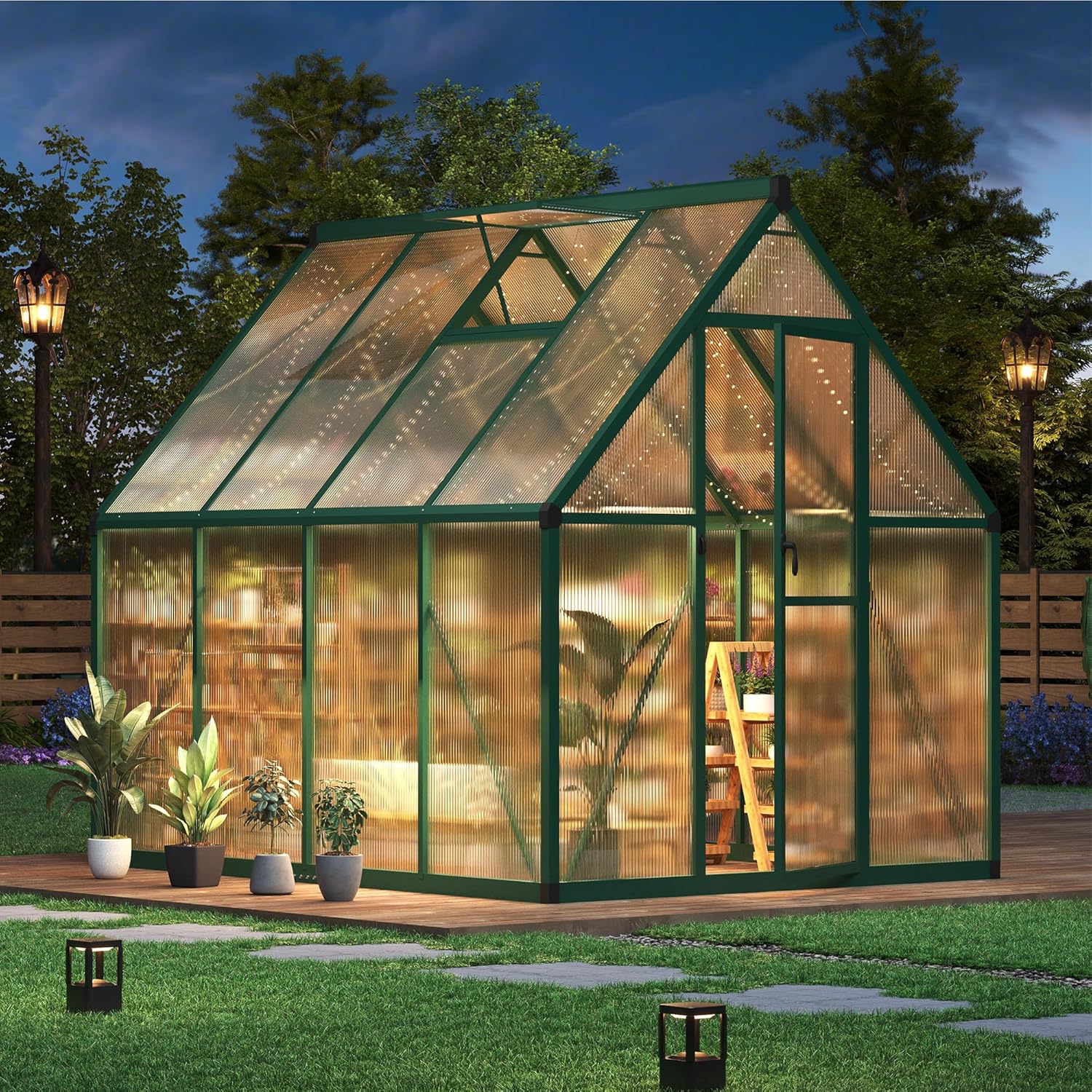 GarveeHome 6×7 FT Outdoor Greenhouse, Large Walk in Greenhouses for Outdoors and Garden Planting, Polycarbonate Green House with Enhanced Aluminum Frame and W/Lockable Push Door, Green