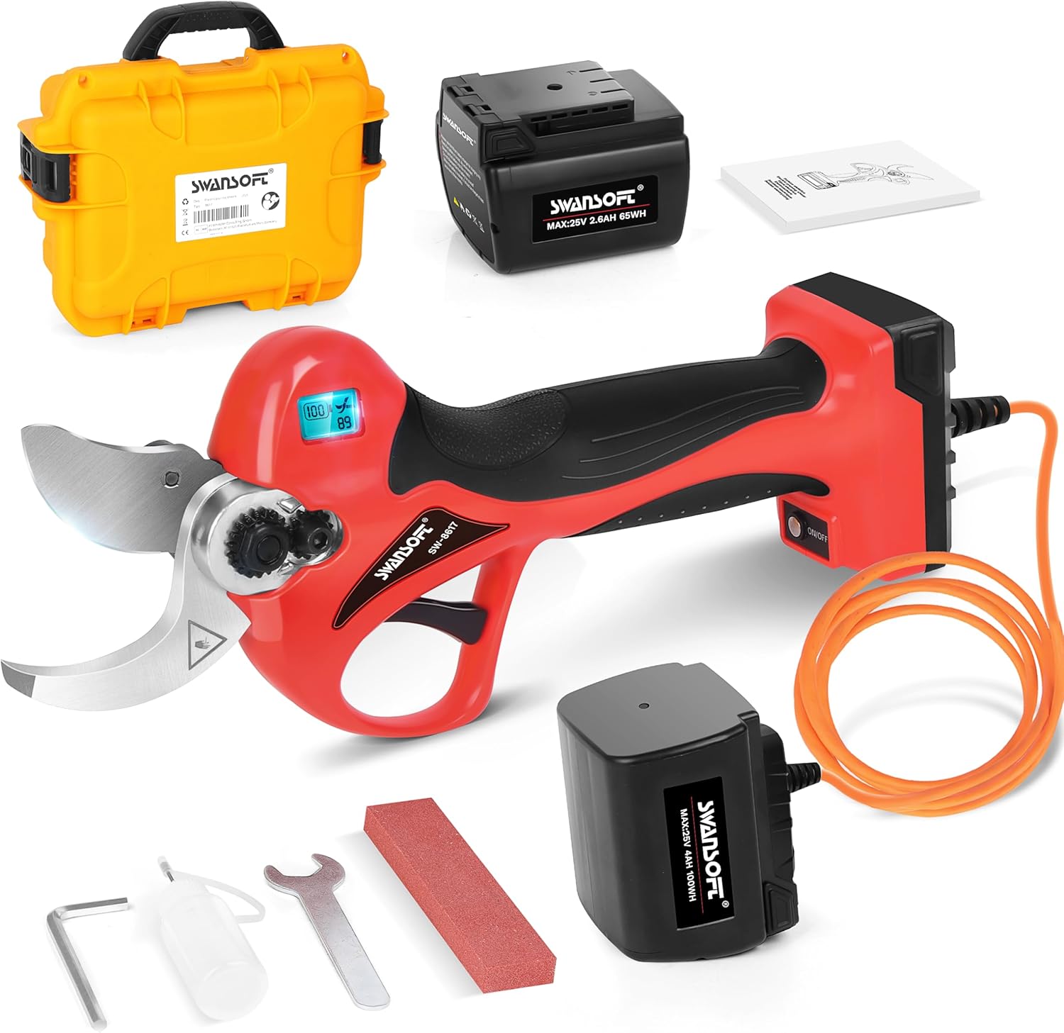 SWANSOFT 8617 Cordless Electric Pruning Shears, 40mm 350W 25V Cordless Electric Pruning Shears for Gardening, Black/Red