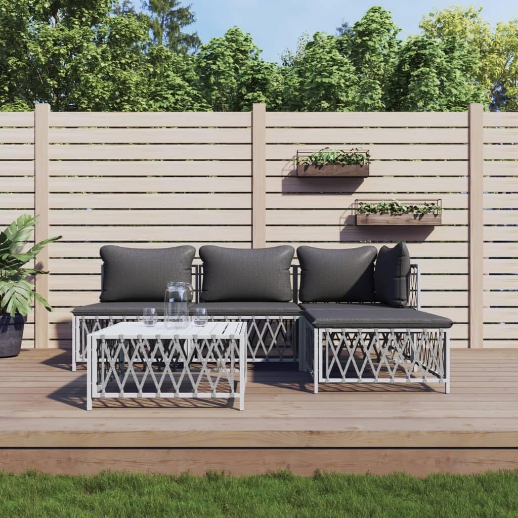 Furniture Sets 5 Piece Patio Lounge Set with Cushions White Steel,Cozy Outdoor Patio Lounge Set: Durable, Comfortable, and Modular Garden Conversation Sets