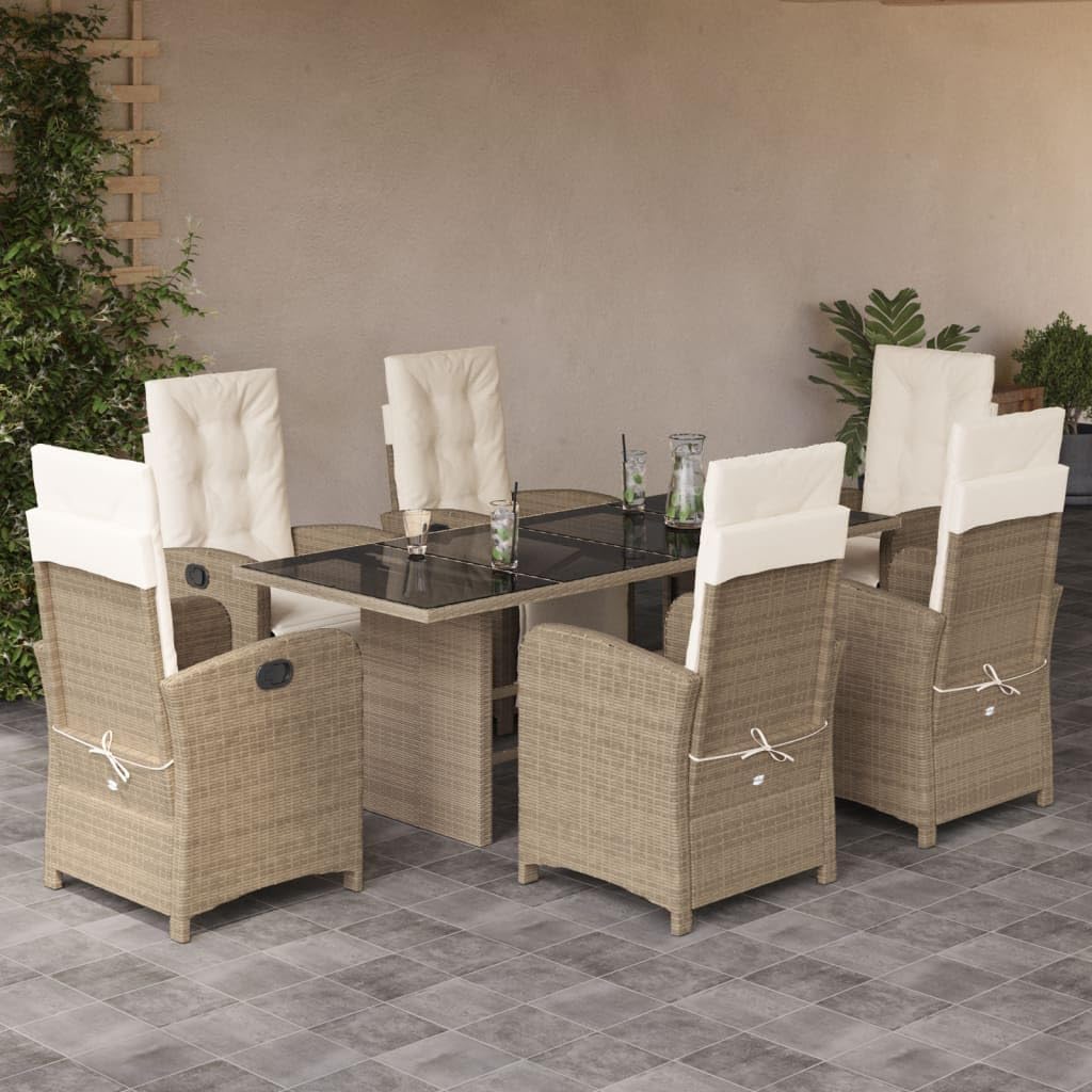7 Piece Patio Dining Set with Cushions Beige Poly Rattan,Adjustable Reclining Patio Dining Set with Comfortable Cushions for Outdoor Balcony Furniture Sets for Patio, Lawn & Garden