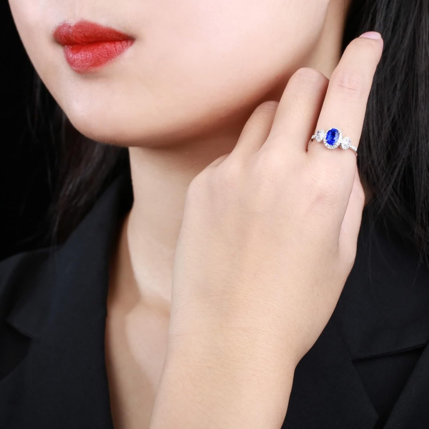 18K White Gold Engagement Ring, Women's Ring Lab Created Sapphire 4 Claws White Gold Band with Moissanite Birthday Gift for Her