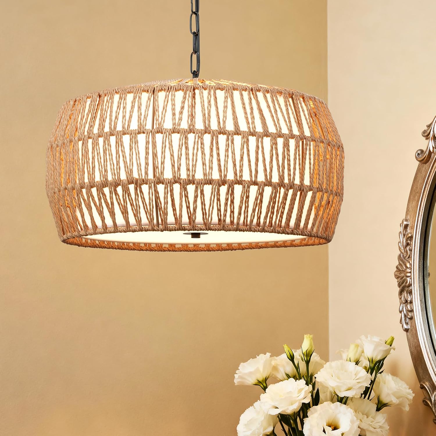 Rattan Farmhouse Pendant Light, 5-Light Bohemian Rattan Hanging Light Fixture with Fabric Lampshade – Ideal for Kitchens, Living Rooms & Bedrooms