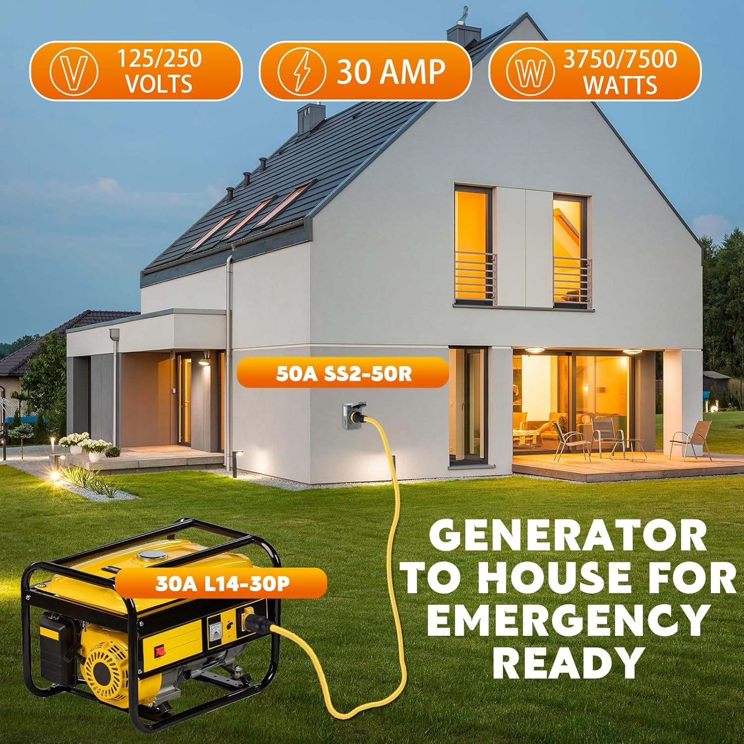 20FT NEMA L14-30P to SS2-50R RV Marine Power Generator Adapter Cord, 30A 4 Prong Locking Generator L14-30P Male to 50A Marine Shore Power SS2-50R Female with Locking Ring 125V/250V