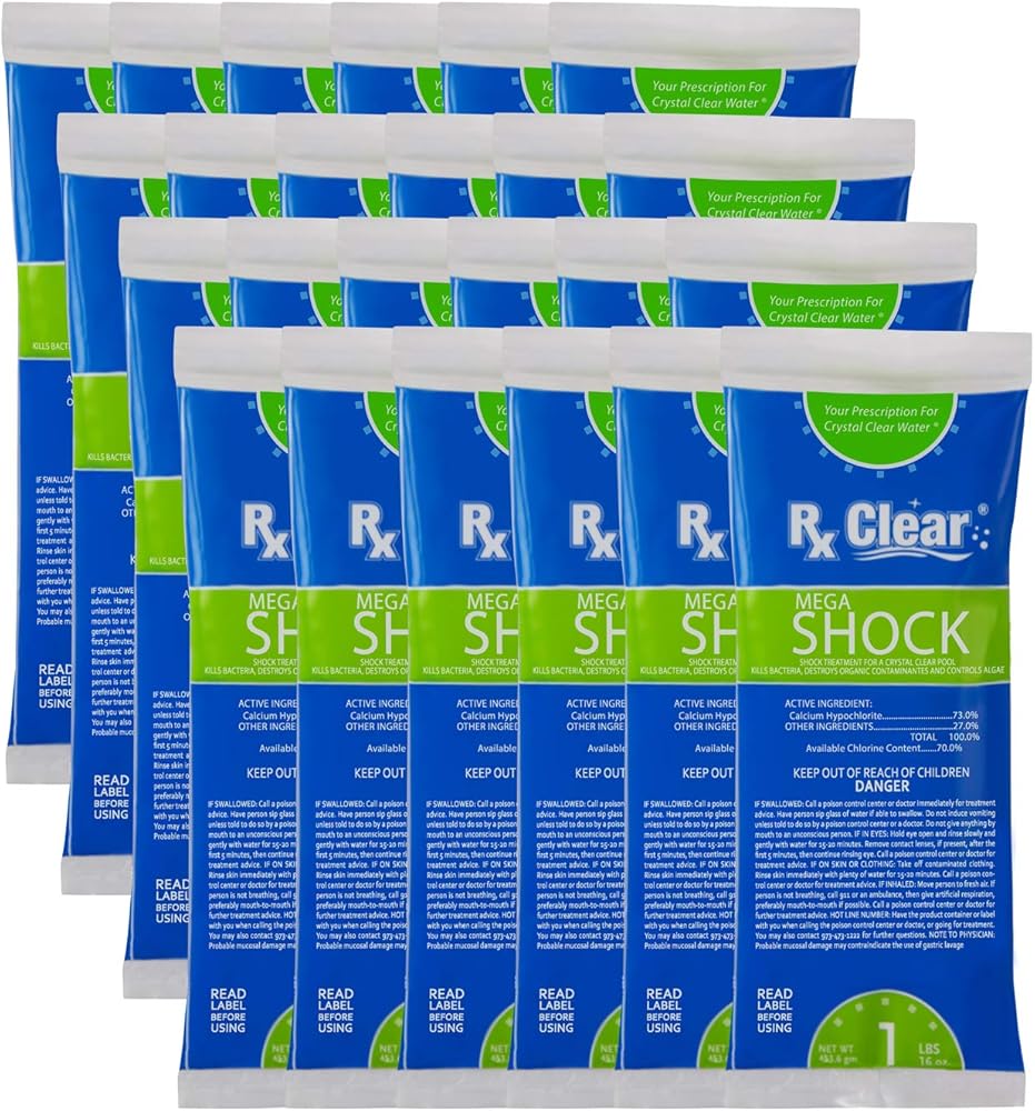 Rx Clear Mega Shock | 73% Calcium Hypochlorite | Kills Algae in Swimming Pools | Works As Pool Sanitizer Clarifier and Algicide | One Pound Bags | 24 Pack