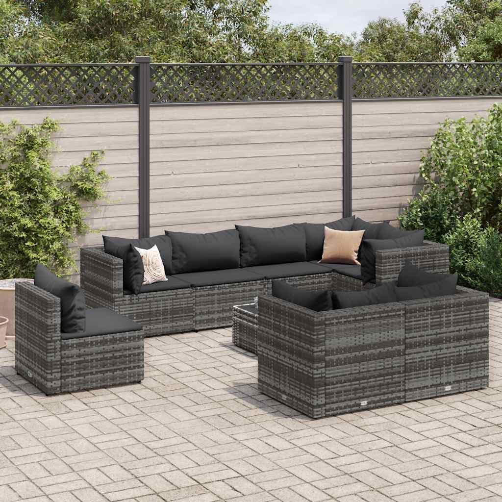 9 Piece Patio Lounge Set with Cushions Gray Poly Rattan,Poly Rattan Outdoor Patio Sofa Furniture Set with GlassTop Table and Thick Cushions Patio Furniture Sets, Outdoor Furniture Sets