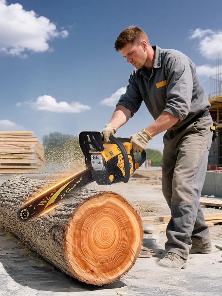20-Inch 63CC Gas Chainsaw, 2-Stroke Professional Petrol Chainsaw with Anti-Vibration Handle, 8500RPM High-Power Chain saw for Wood Cutting and Logging Yellow