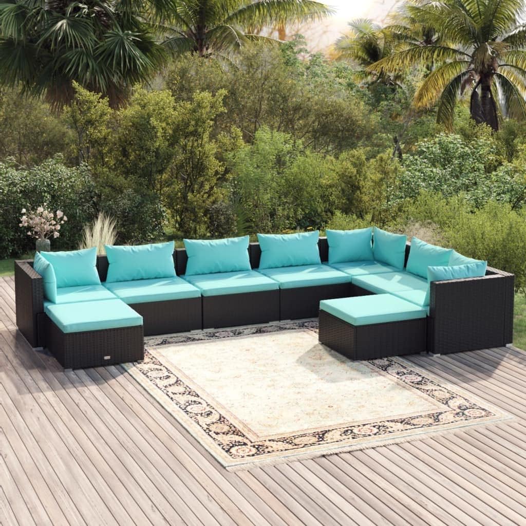 Furniture Sets 9 Piece Patio Lounge Set with Cushions Poly Rattan Black,Classic Poly Rattan Patio Lounge Set with Cushions for Outdoor Relaxation Garden Conversation Sets