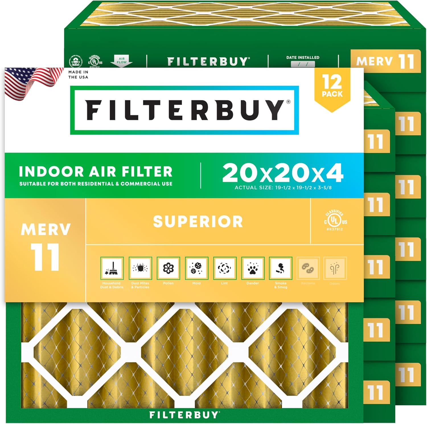 Filterbuy 20x20x4 Air Filter MERV 11 Superior Pet & Allergy Defense (12-Pack), Electrostatic Pleated HVAC AC Furnace Filters Replacement, Made in USA (Actual Size: 19.50 x 19.50 x 3.63)