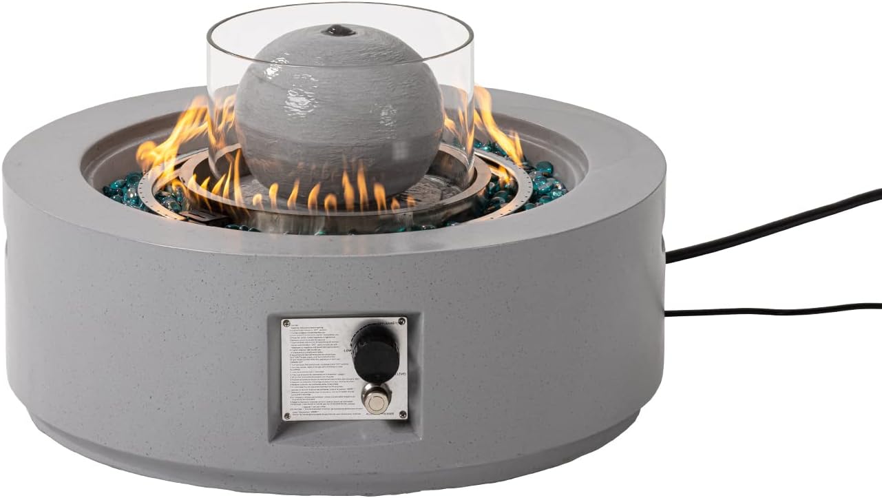 HOMPUS Outdoor Fountain Propane Fire Pit 50,000 BTU 29.3-inch Round Concrete Gas Fire Table Smokeless Firepit with Wind Gurad,Glass Stone and Rain Cover for Garden,Deck,Backyard Gray