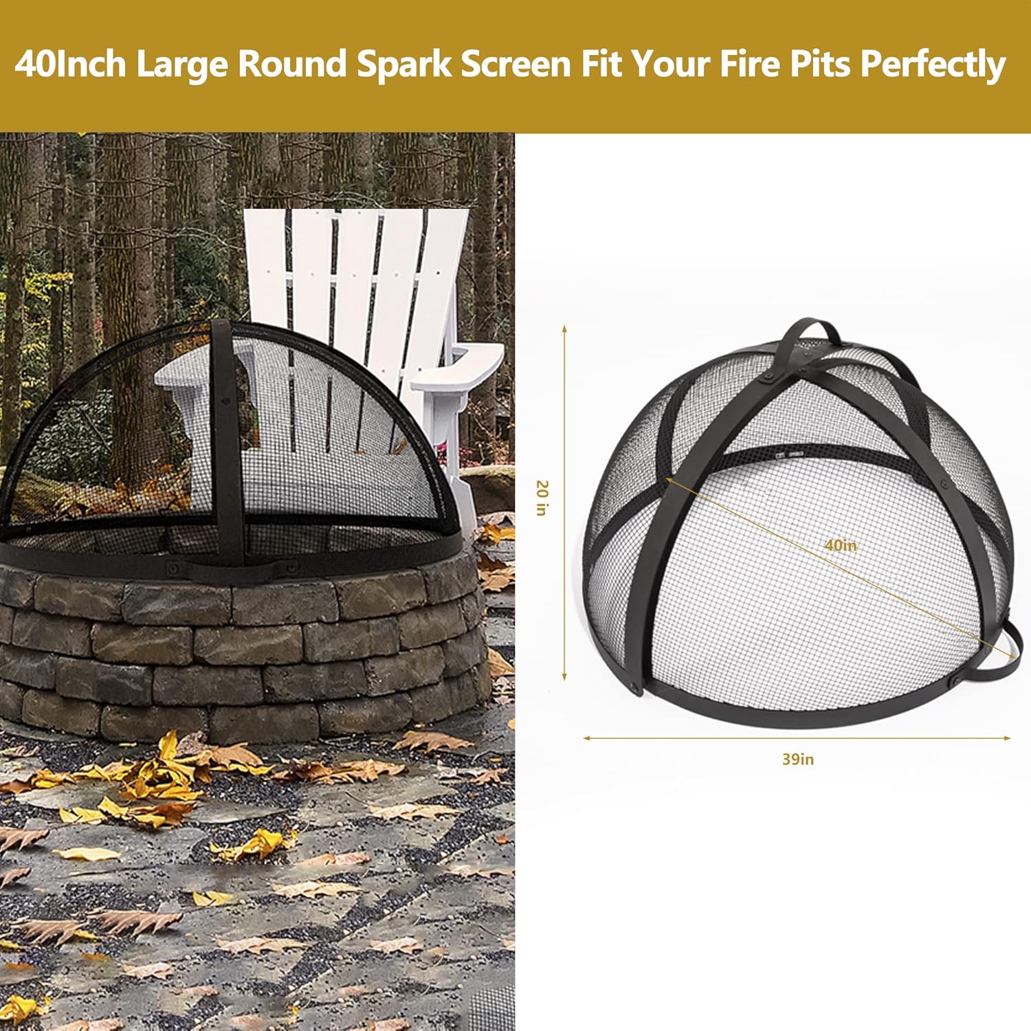 40In Round Fire Pit Spark Screen Cover, Outdoor Patio Easy-Opening Fire Pits Mesh Screen, Heavy Duty Steel Firepit Ember Lid with Hinge