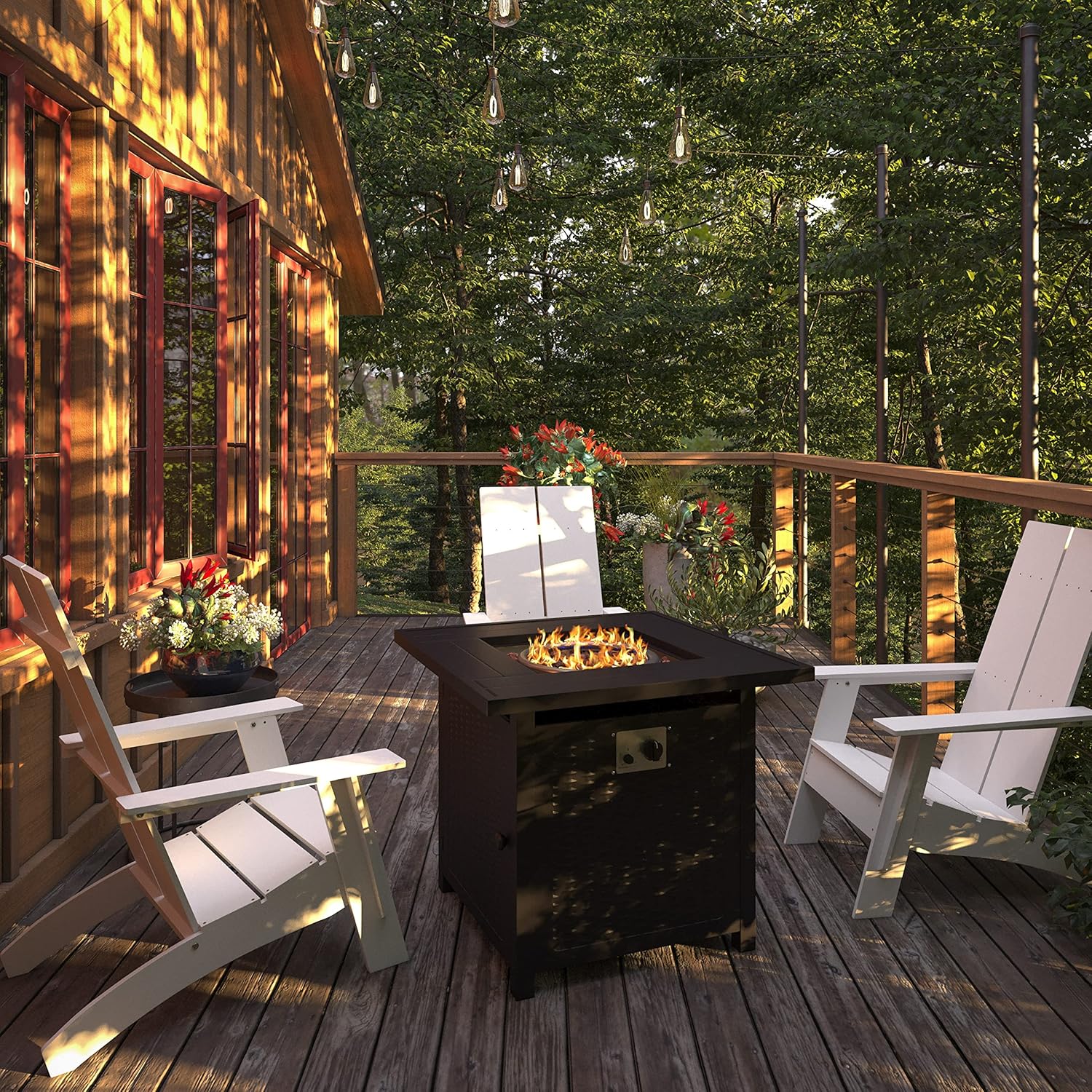 BizChair 50,000 BTU Outdoor Propane Gas Fire Pit Table - Black Stainless Steel Tabletop and Steel Wicker Detail Base - 28