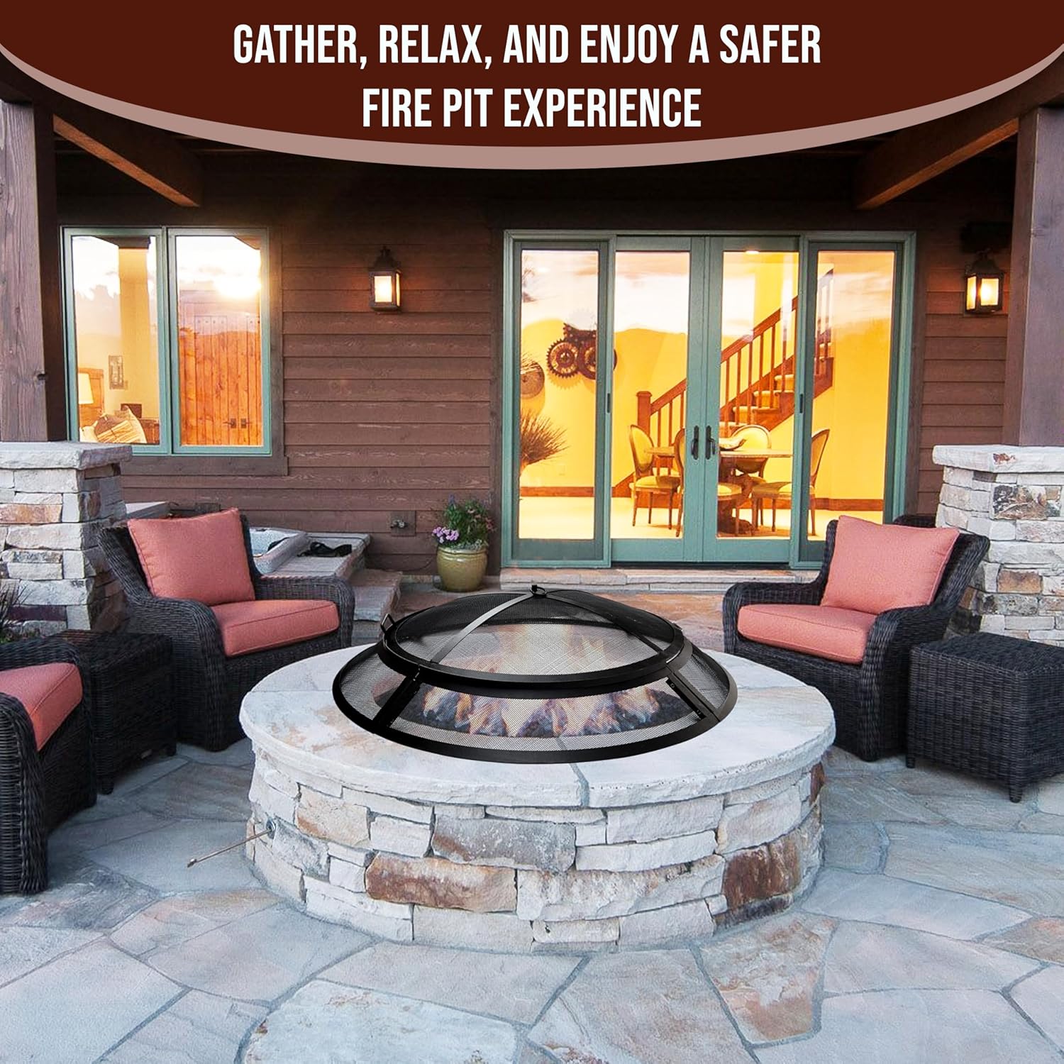 FEBTECH - Fire-Pit Screen 40 inch Round Heavy Duty Outdoor fire-Pit Screen Round with Hook for Easy to Lift Spark Screen for Fire-Pit Ring, Firepit Replacement Screen