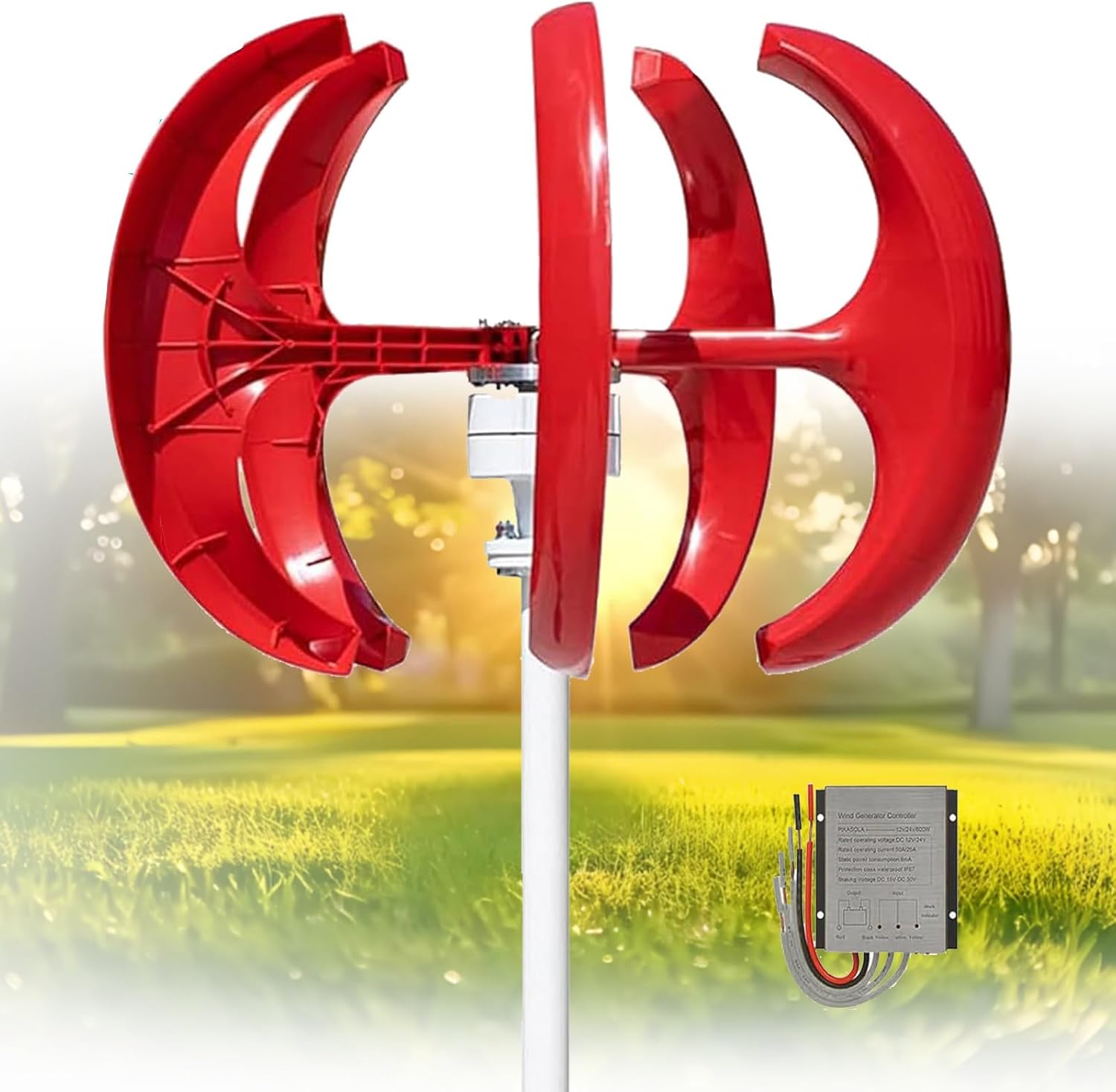 16000W Vertical Wind Turbine Generator Kit - 5 Blade 3-Phase AC Permanent Magnet Generator - 12V/24V/48V Controller for Hybrid Wind Solar Systems (Red, 48V)